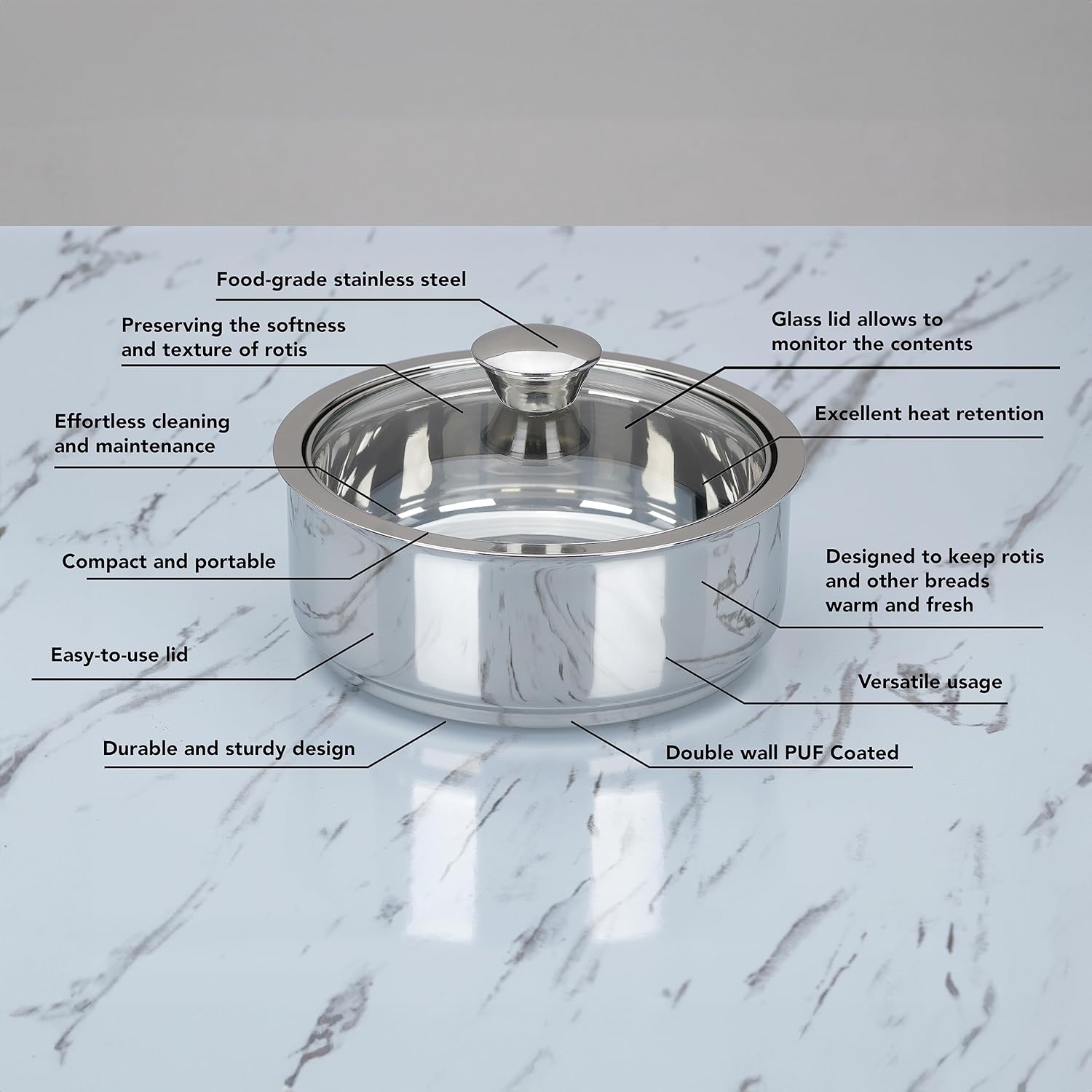 Sumeet Stainless Steel Casserole with Glass Lid | 2 Pieces - 1 Ltr & 1.6 Ltr