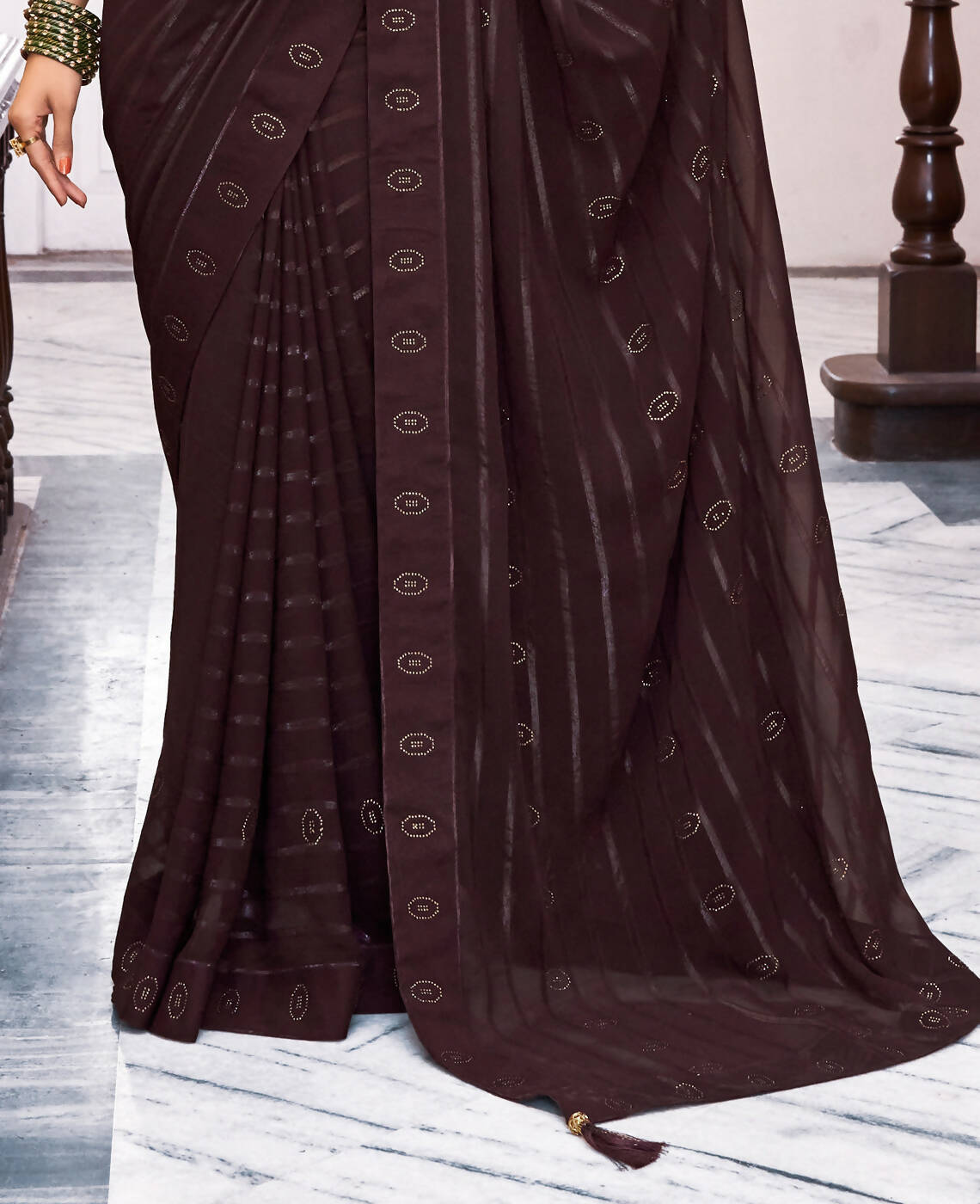 Brown Georgette Swaroski Work Saree With Unstitched Blouse Piece - Juhi