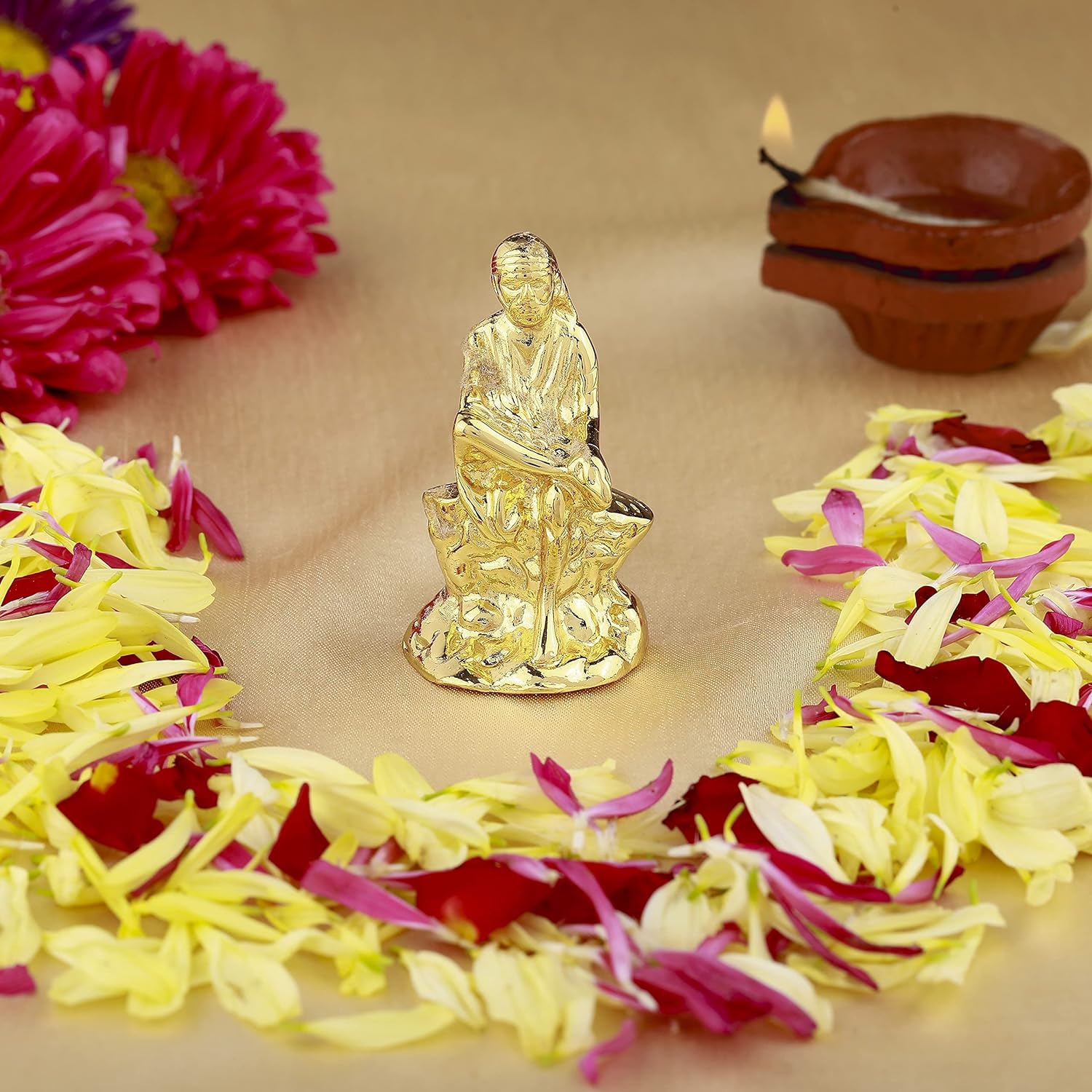 Estele Gold-Polished Divine Sirdi Sai Baba Idol for Pooja/Gifts/Car decor 