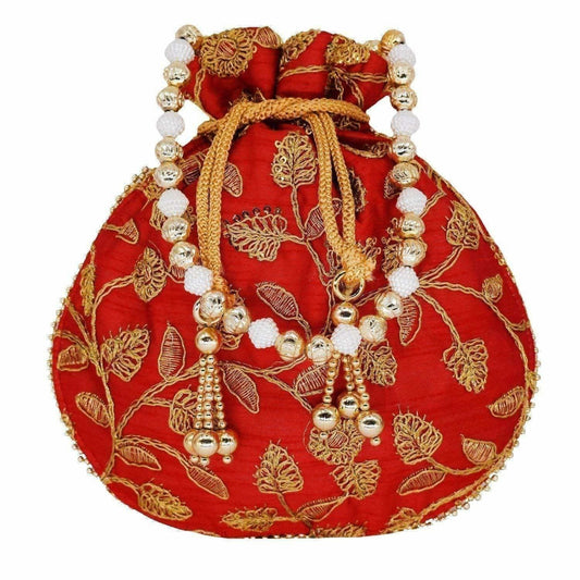 Ethnic Silk Potli bag Clutch Batwa Pouch with Embroidery and Metal Bead work Gift For Women - Grab2buy