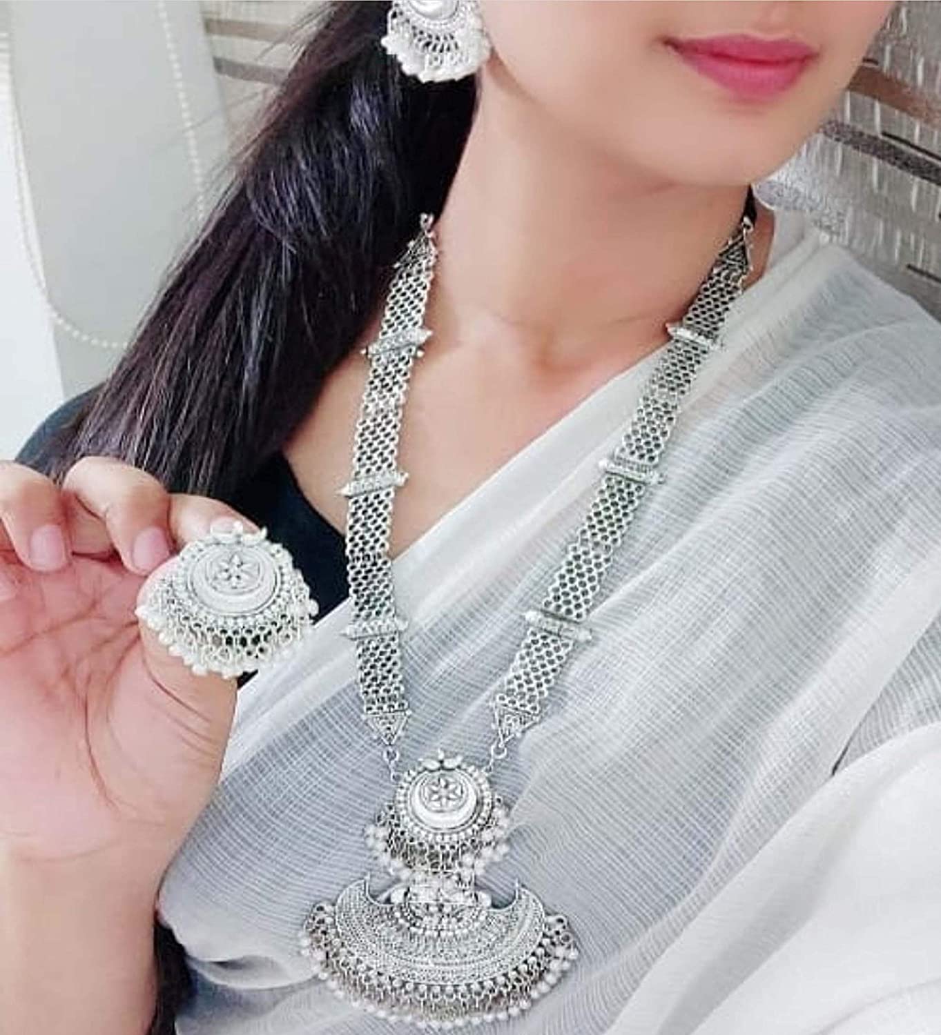 Silver-Plated Alloy Long Half Moon Oxidised Necklace - The Pari 