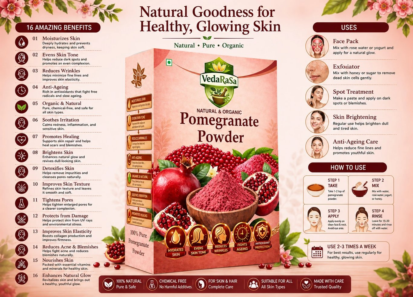 VedaRasa Pomegranate Powder For Glowing Skin & Immunity Boost Natural Fruit Powder  Grab2Buy VedaRasa Grab2Buy