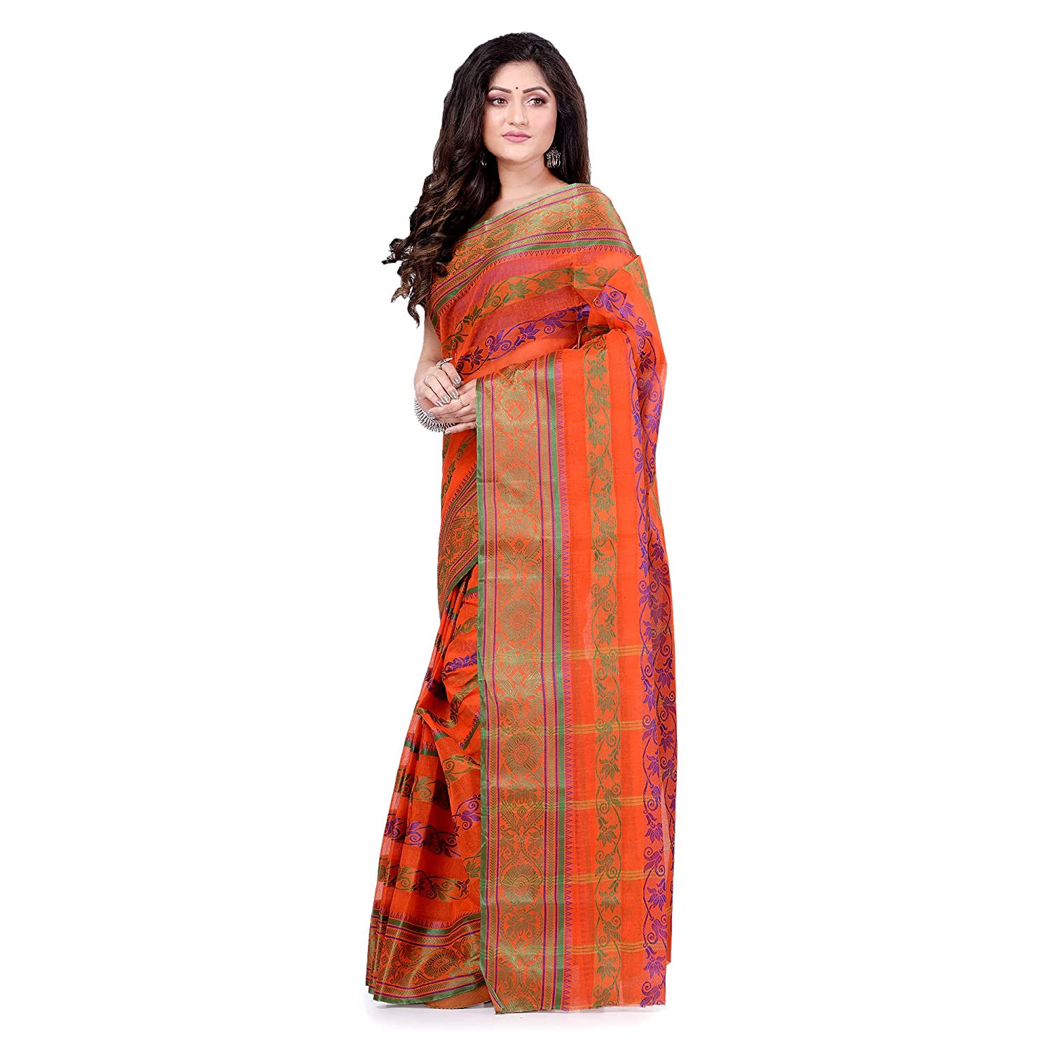 Desh Bidesh Women's Traditional Bengal Tant Pure Handloom Cotton Saree Blossom Design Without Blouse Piece - Grab2buy
