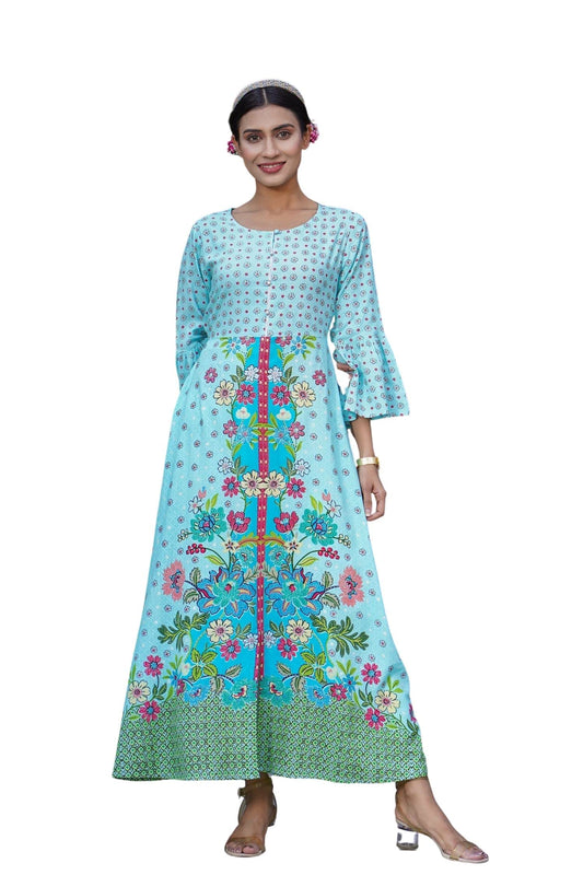 Juniper Women's Sky Blue Floral Printed Rayon Kurta With Buttons Closure At Back