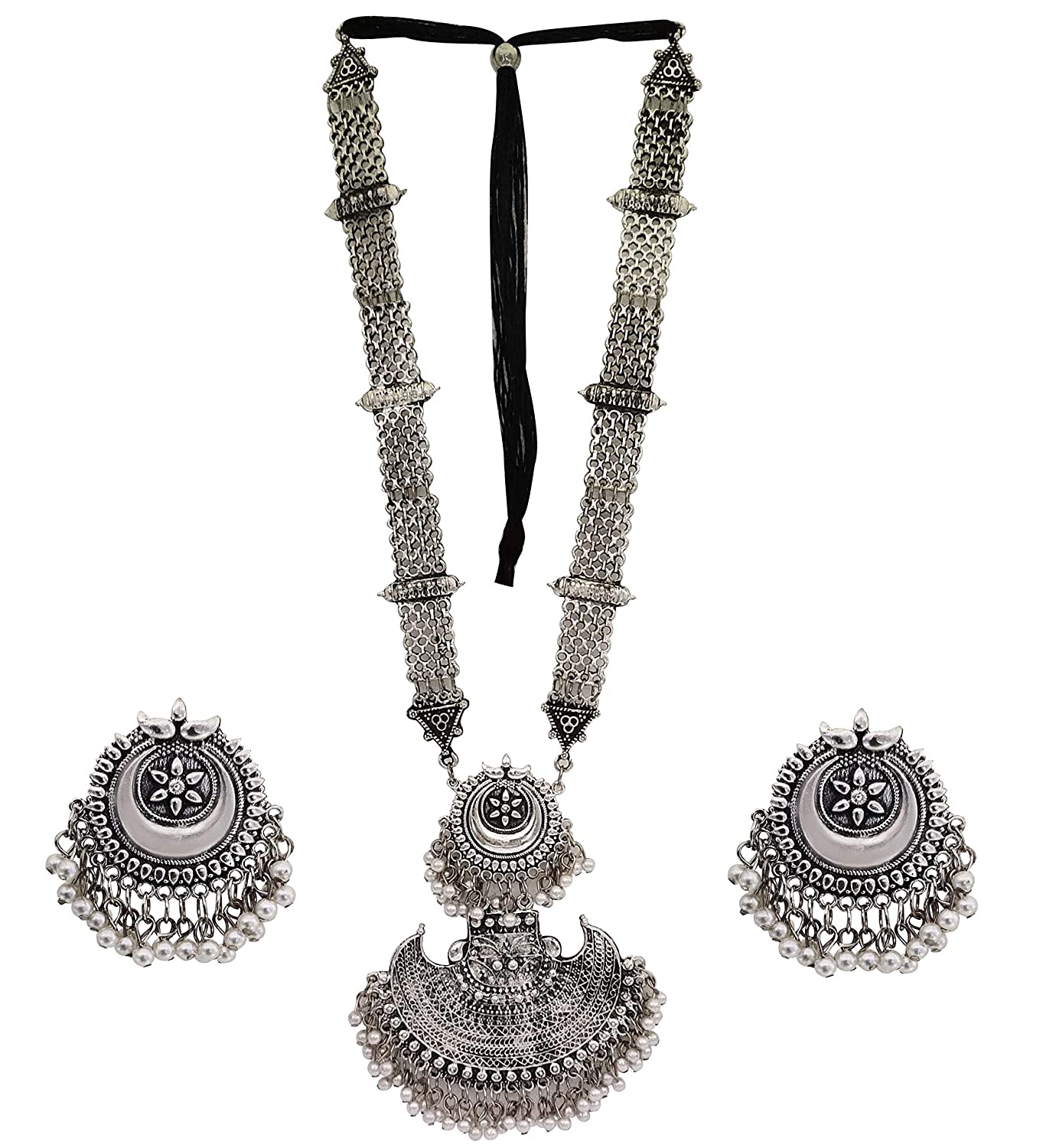 Silver-Plated Alloy Long Half Moon Oxidised Necklace - The Pari 