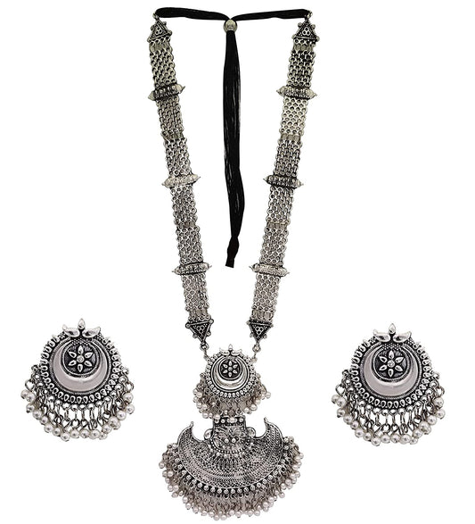 Silver-Plated Alloy Long Half Moon Oxidised Necklace - The Pari 