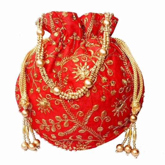 Ethnic Clutch Silk Potli Batwa Pouch Bag with Metal Bead work Gift For Women - Grab2buy