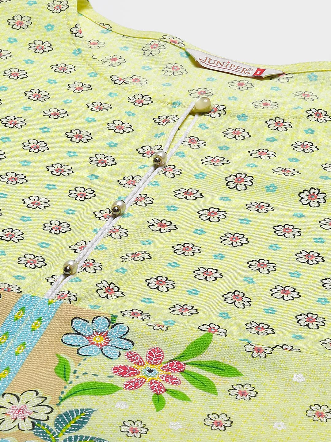 Juniper Women's Lime Floral Printed Rayon Kurta With Buttons Closure At Back