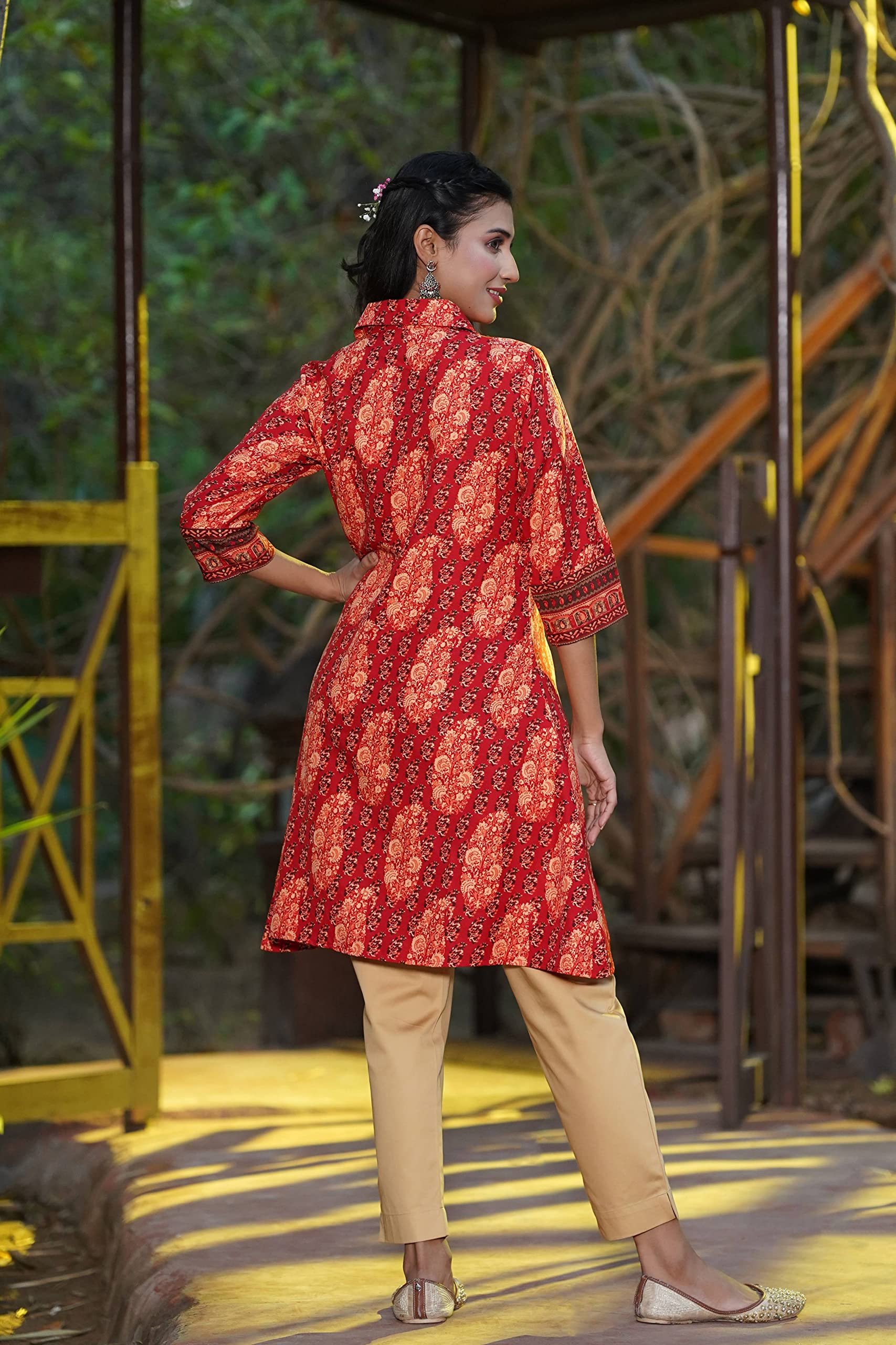 Juniper Women's Red Ethnic Motif Printed Rayon A-Line Kurta with Buttons