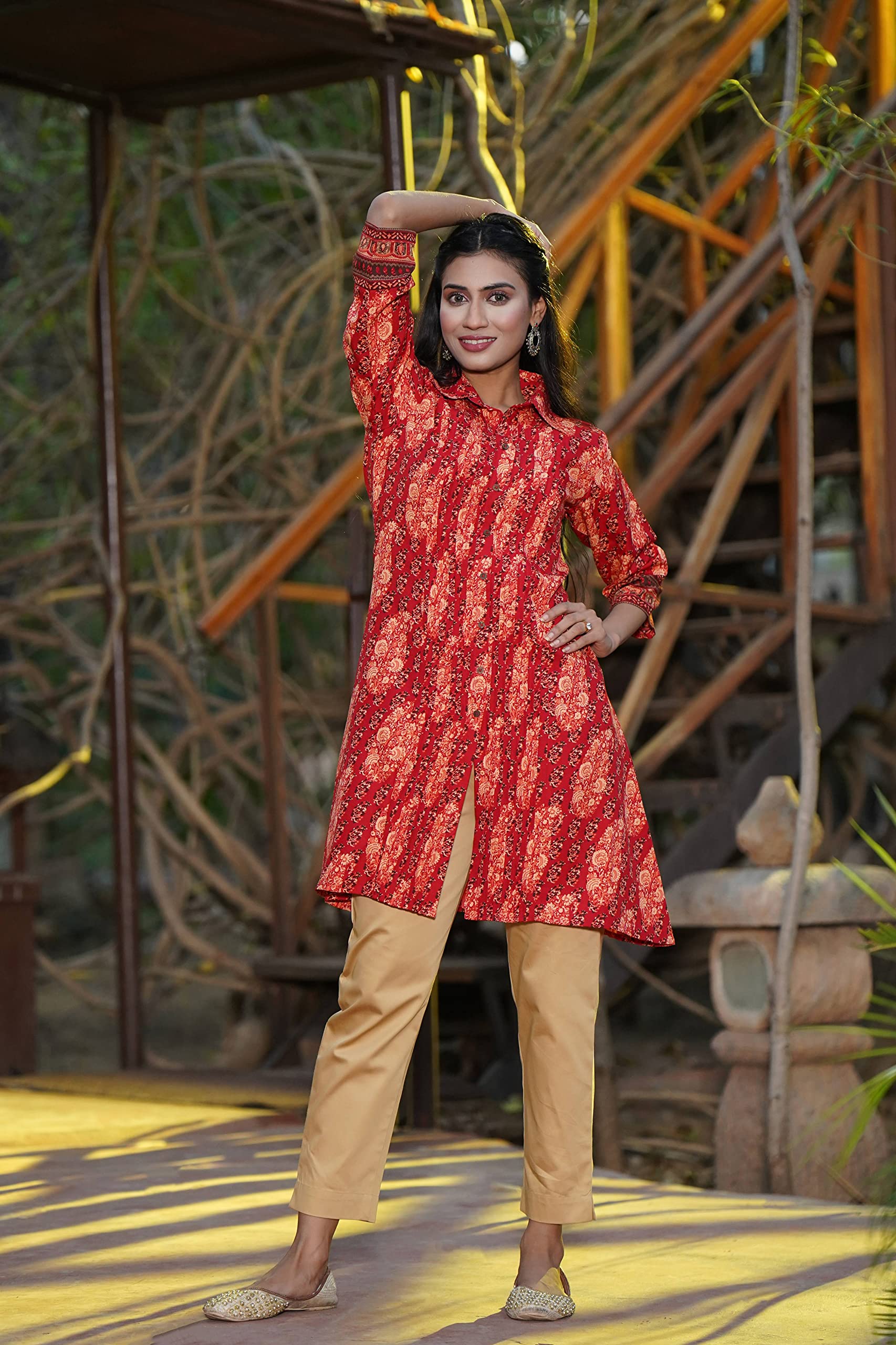 Juniper Women's Red Ethnic Motif Printed Rayon A-Line Kurta with Buttons