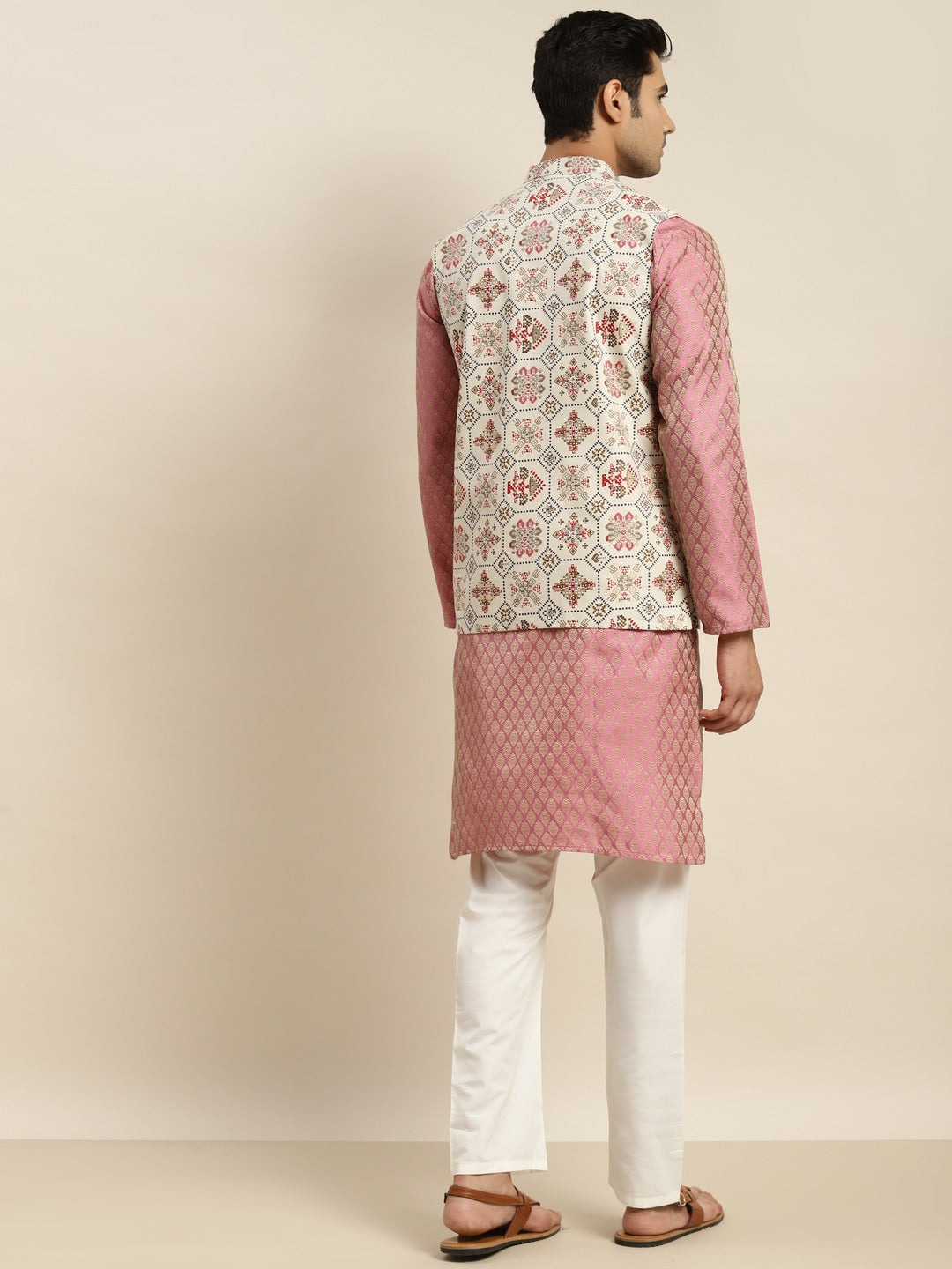 Sojanya Men Pink Ethnic Motifs Kurta with Churidar & Nehru Jacket 