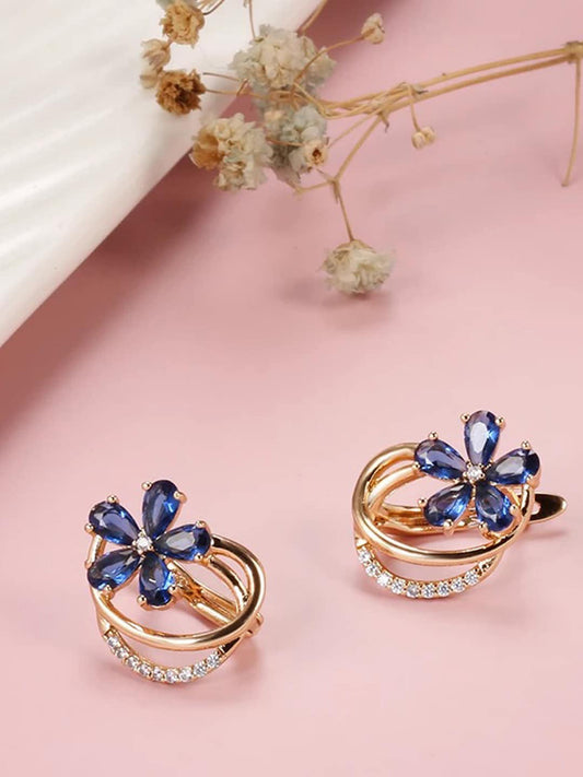 Shining Diva Rose Gold-Plated Blue Floral Studs Earrings - Grab2buy