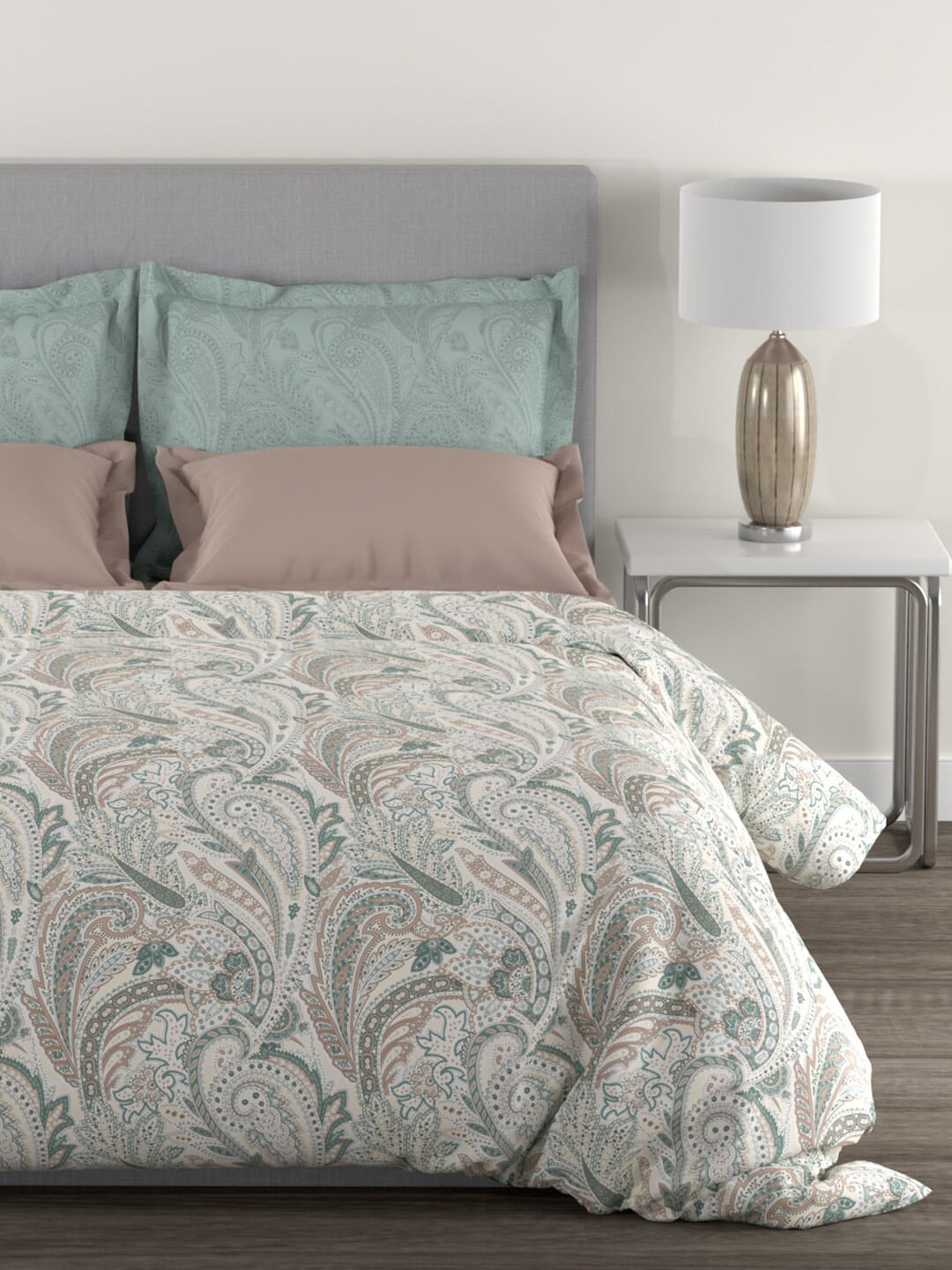 MYTRIDENT Green White Ethnic Motifs Cotton 144 TC Queen Bedsheet With 2 Pillow Covers 