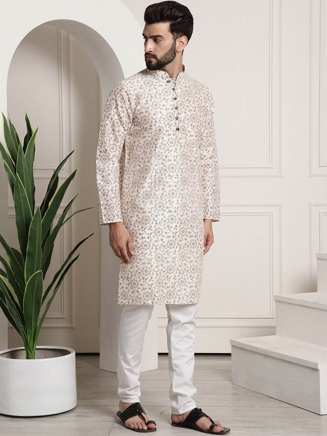 Sojanya Men Cream-Coloured & Brown Silk Cotton Printed Regular Kurta with Churidar 