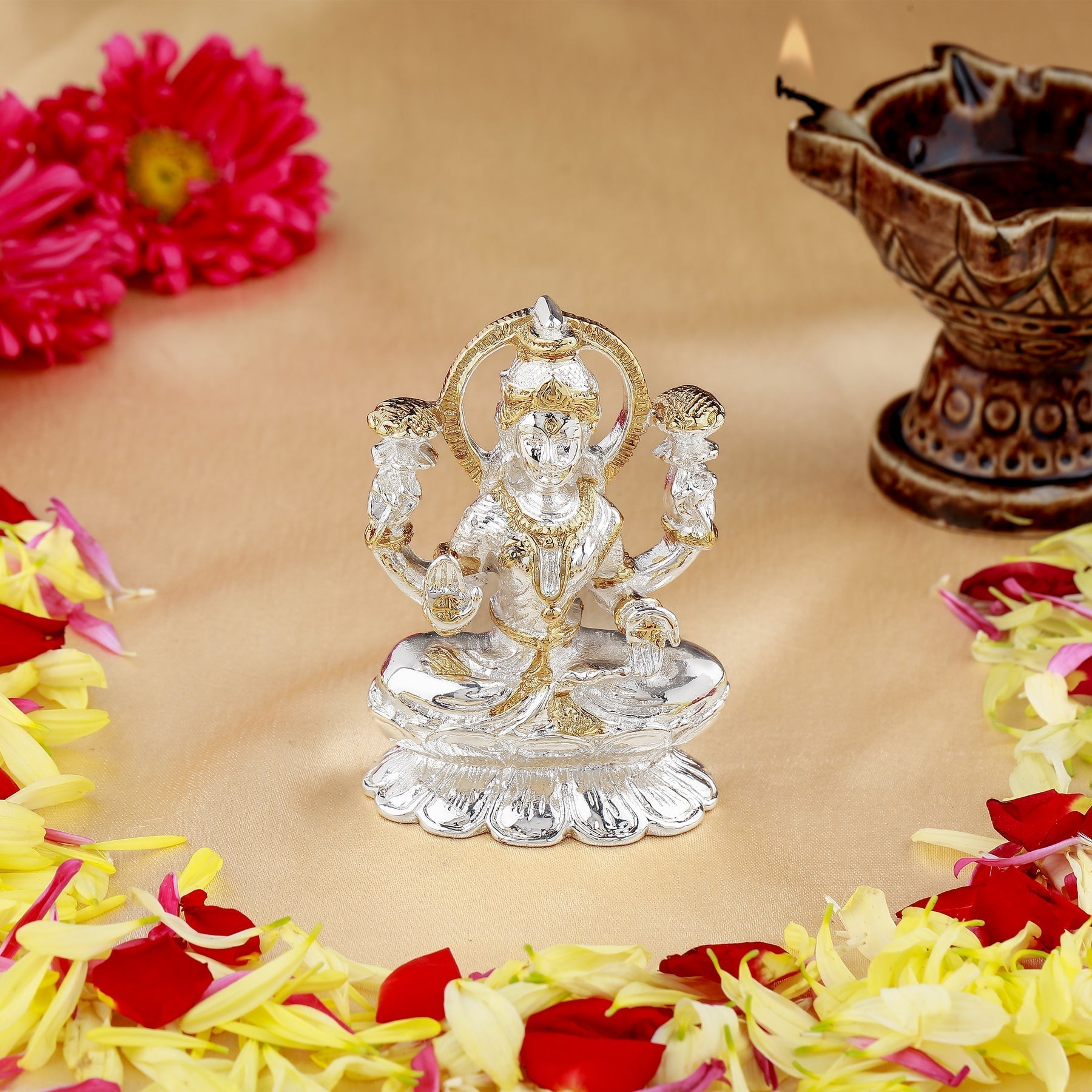 Estele Gold & Rhodium goddess of wealth Laxmi Devi Idol on lotus for Pooja/Car decor 