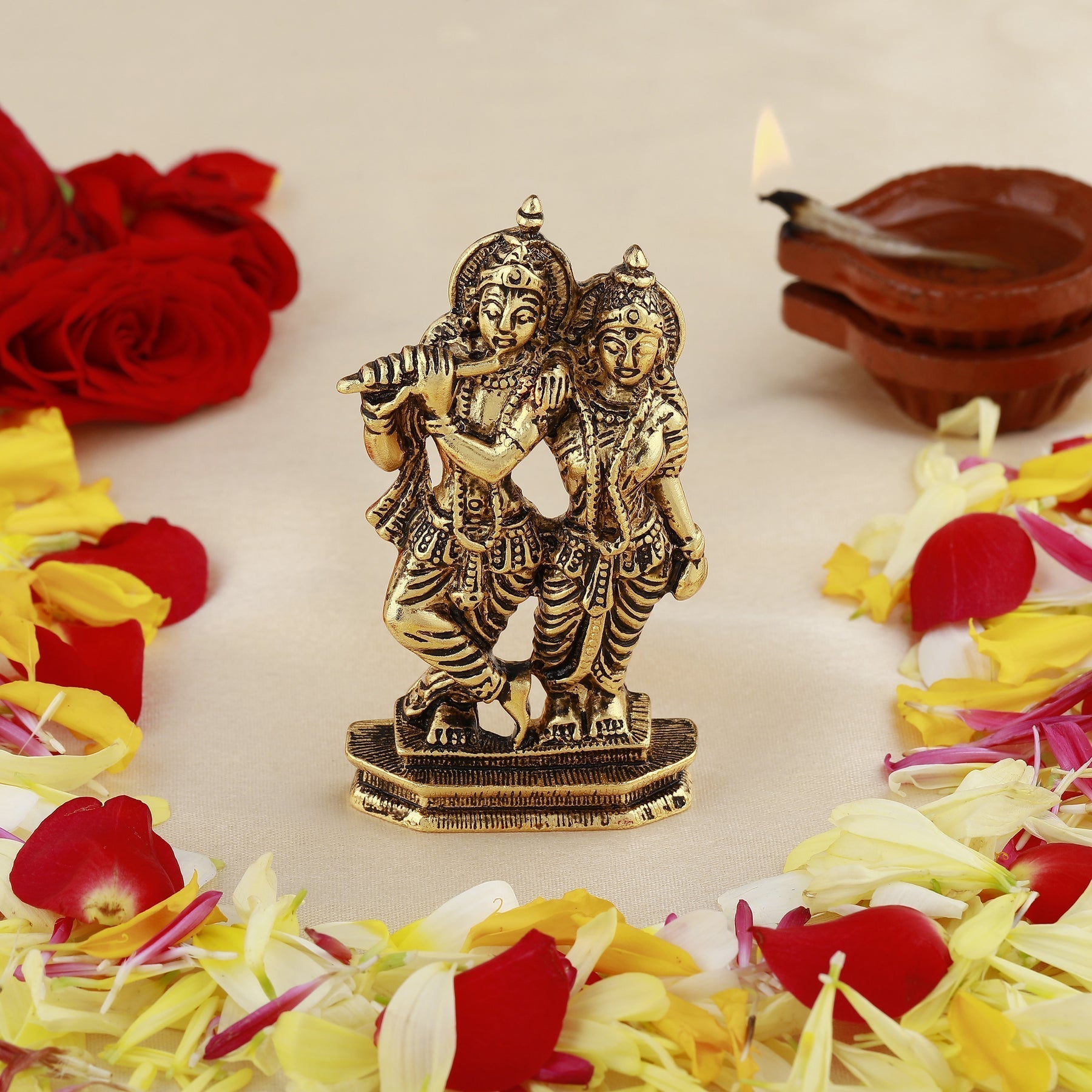 Estele Gold-Polished Devotional Shree Radha Krishna Idol for Home/Car Decor 
