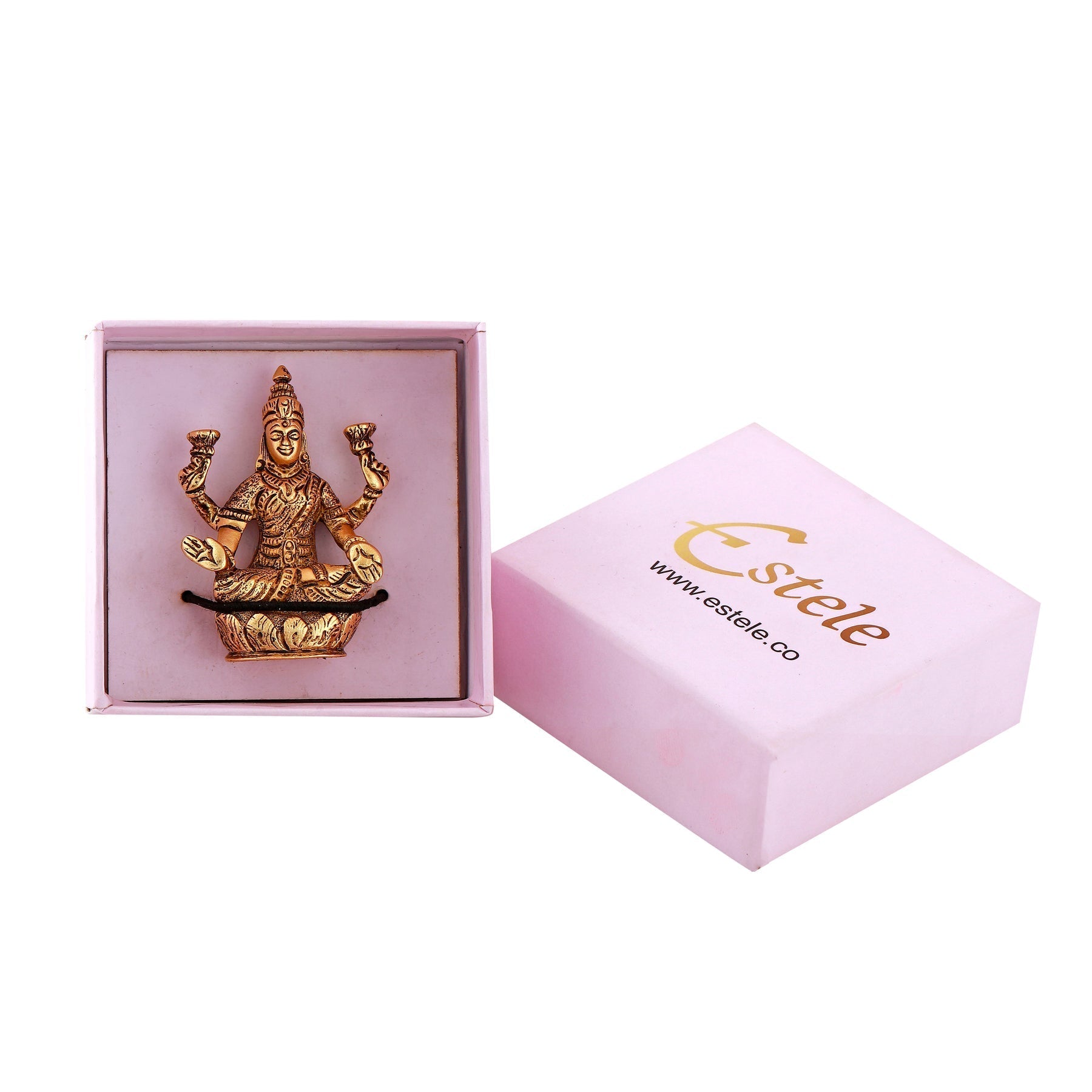 Estele Gold-Polished goddess of wealth Laxmi Devi on lotus Idol for Pooja/Car decor 