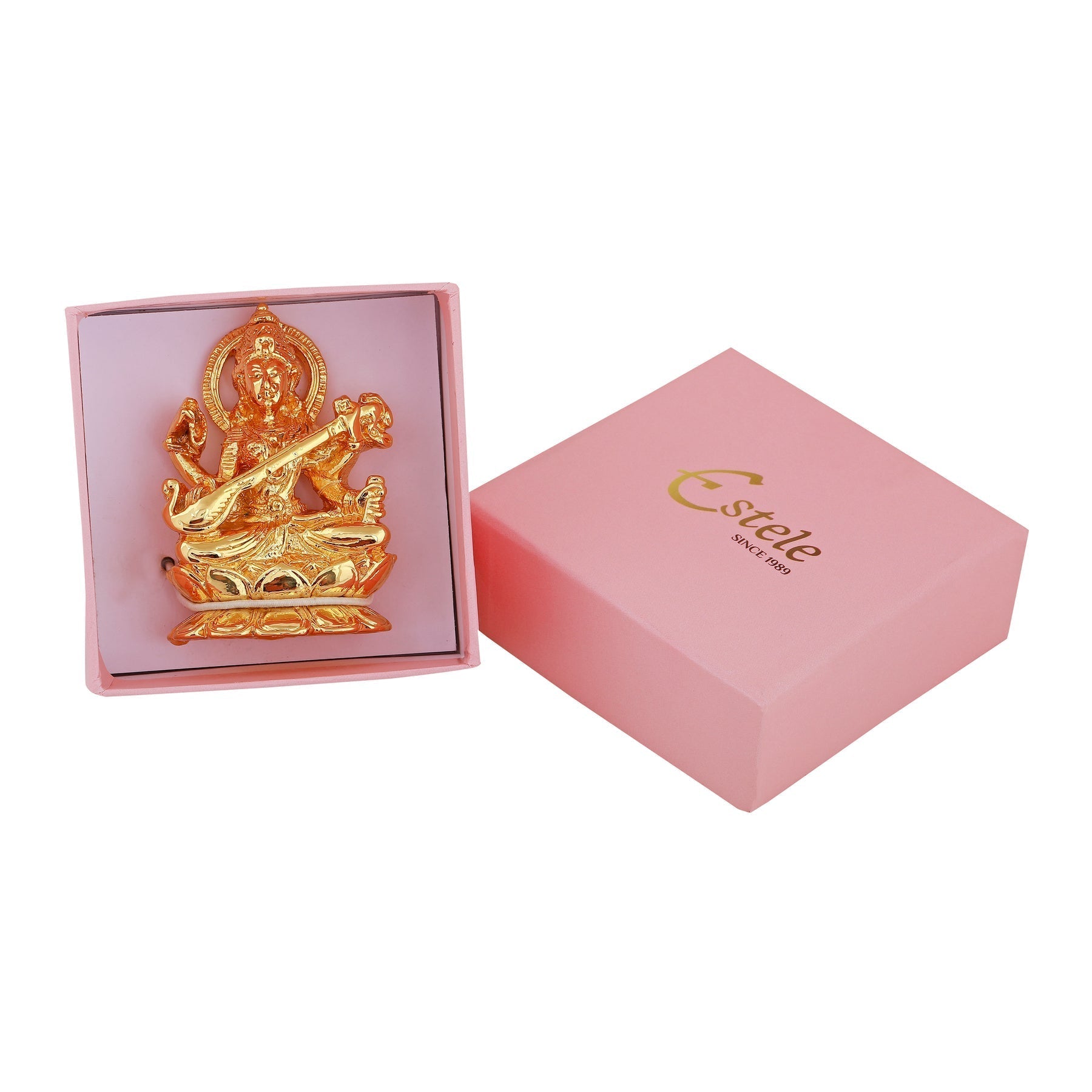 Estele Gold-Polished Goddess of Knowledge Sarasavti Ma Idol for Pooja & Car decor 