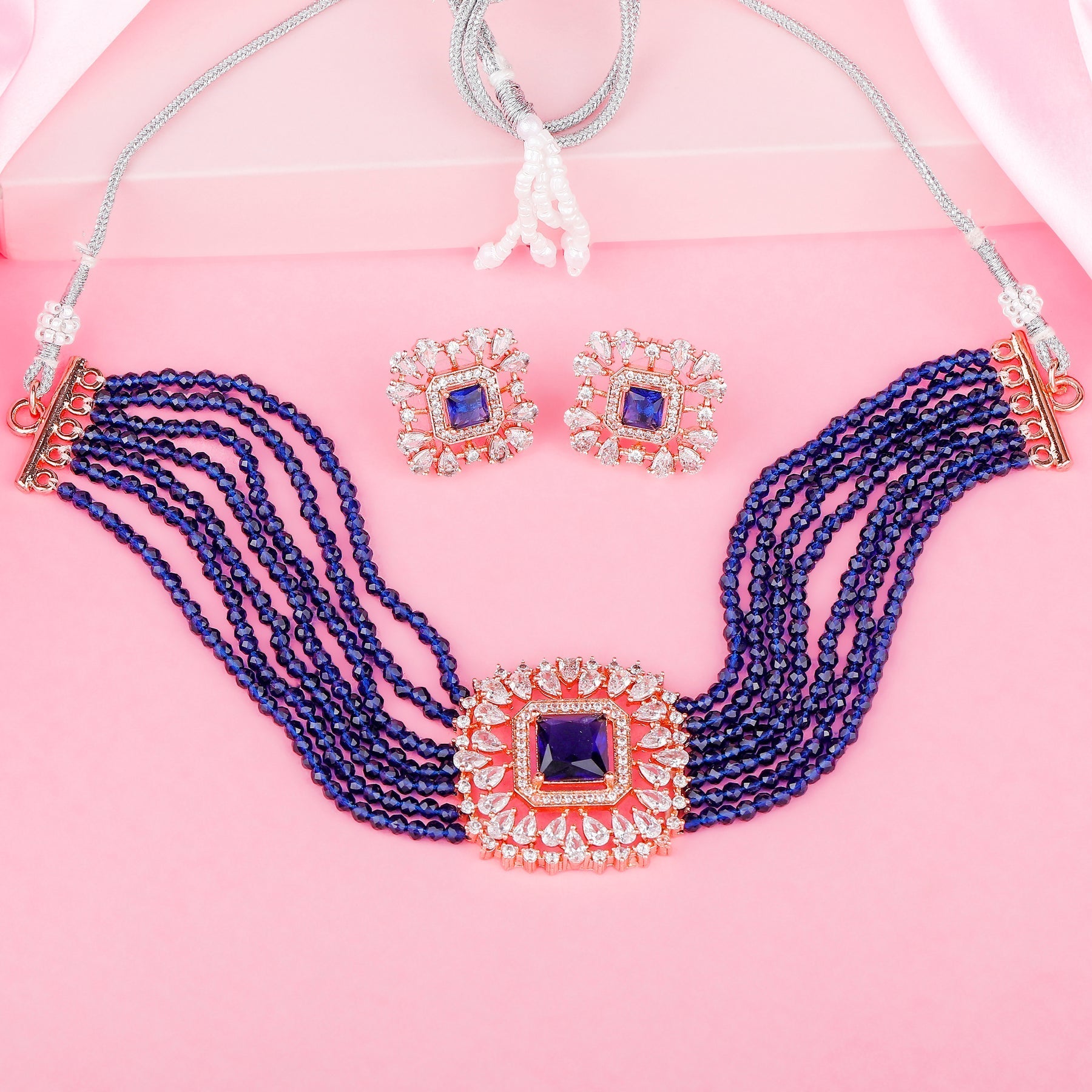 Estele Rose Gold-Polished CZ Square Choker Necklace Set with Navy Blue Beads for Women Estele Accessories