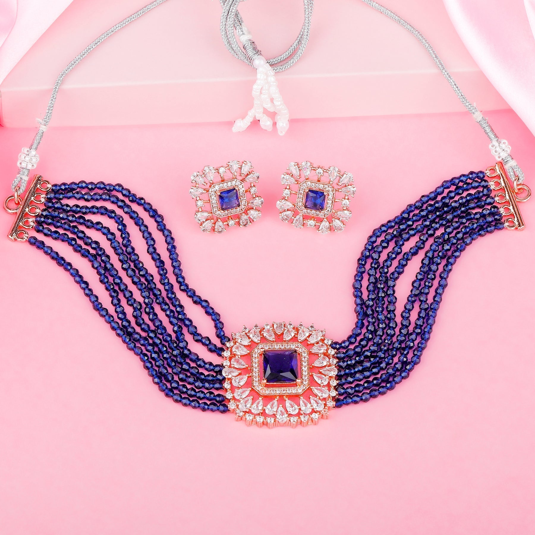 Estele Rose Gold-Polished CZ Square Choker Necklace Set with Navy Blue Beads for Women - Swadesiicart