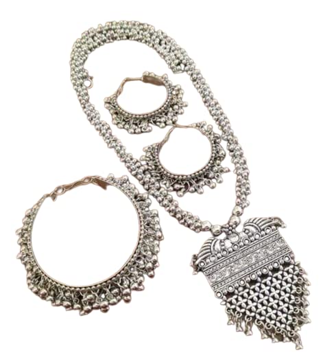 Tehzeeb Creations Women's Silver Colour Oxidised Necklace Earring And Bangle Set Tehzeeb Creations