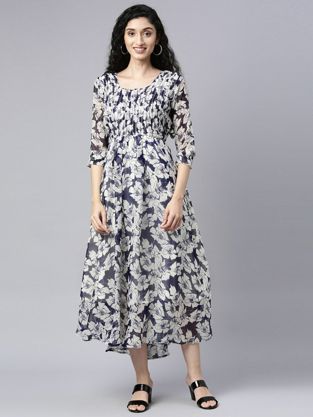 Souchii Floral Printed Chiffon Empire Midi Dress 