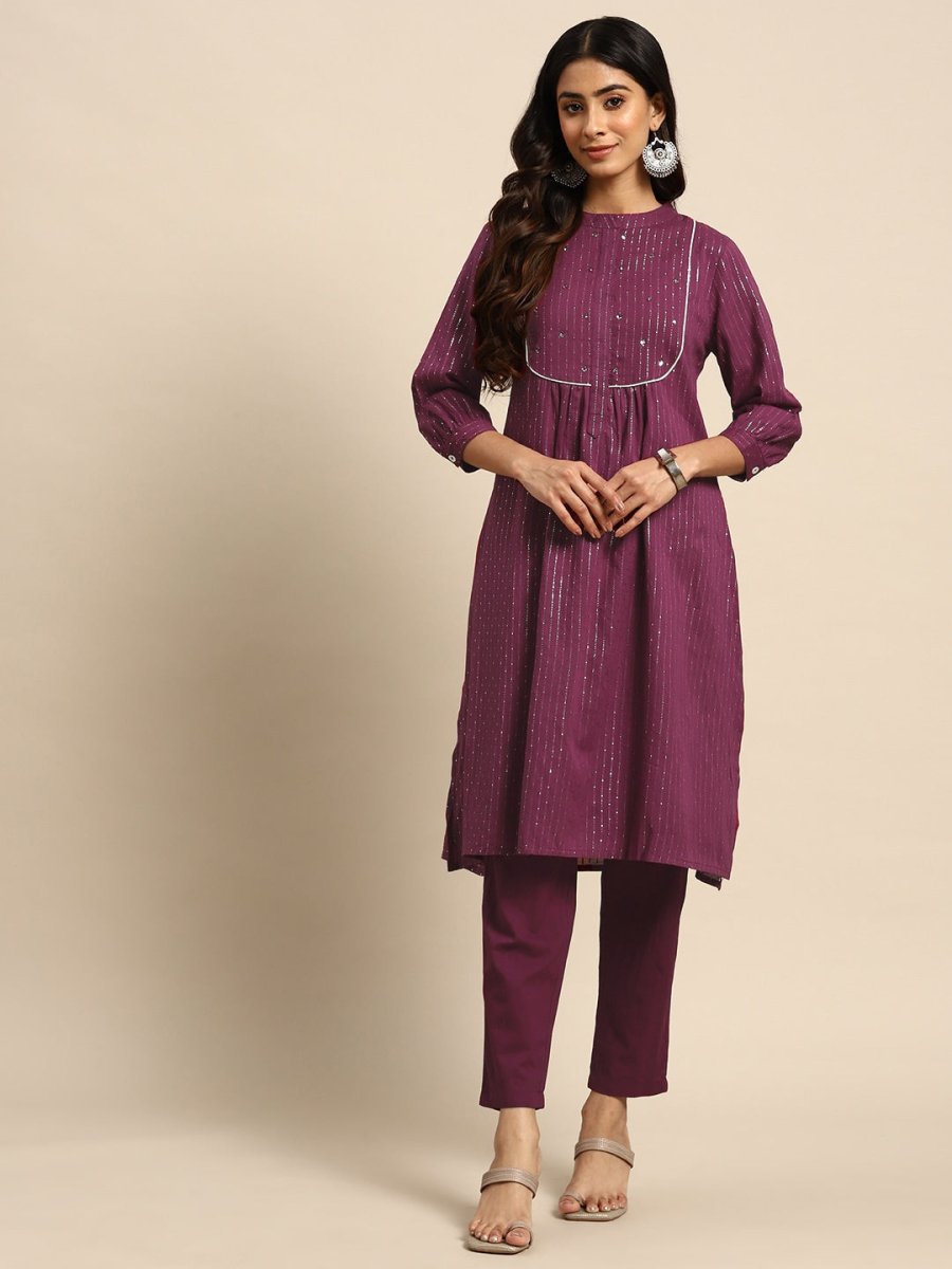 All About You Striped Pleated Sequinned Pure Cotton Kurta with Trousers