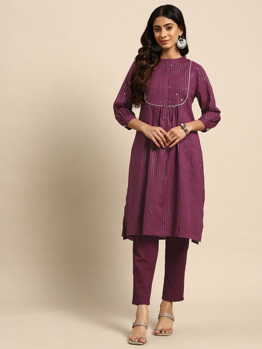 All About You Striped Pleated Sequinned Pure Cotton Kurta with Trousers