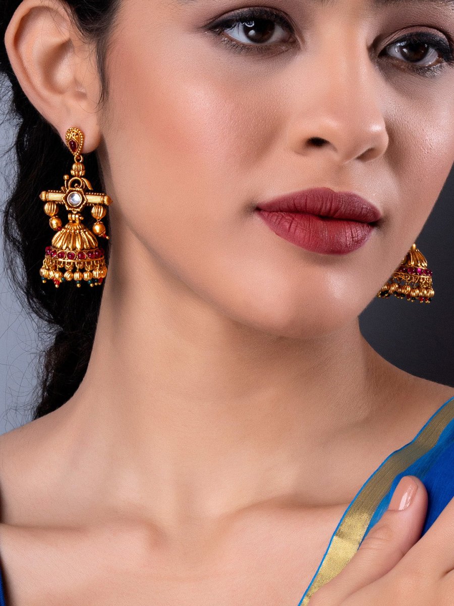 Aadita Gold-Toned Geometric Jhumkas Earrings - Grab2buy