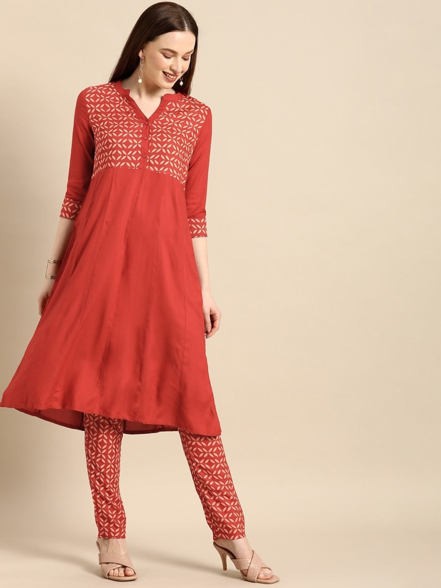 All About You Women Red & Cream Printed Kurta with Trousers