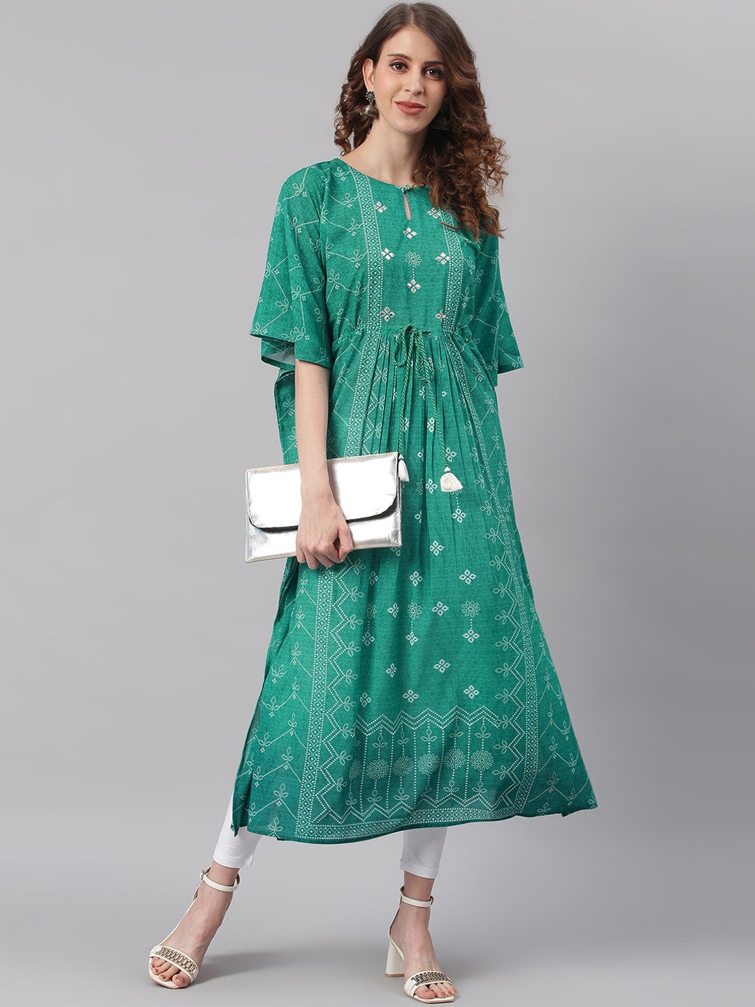 Janasya Women Green Ethnic Motifs Printed Keyhole Neck Flared Sleeves Georgette Kaftan Kurta