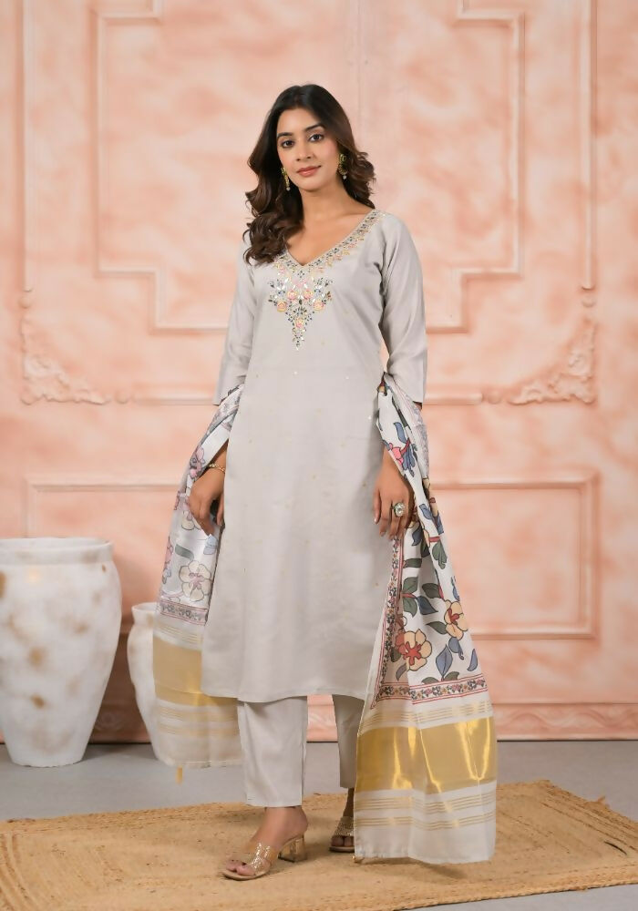 Ethnic Festive Wear Viscose Off White Stitched Suit With Dupatta - Anbazaar