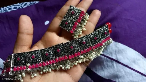 Tehzeeb Creations Women Silver Plated Necklace With Beads And Pearl Tehzeeb Creations