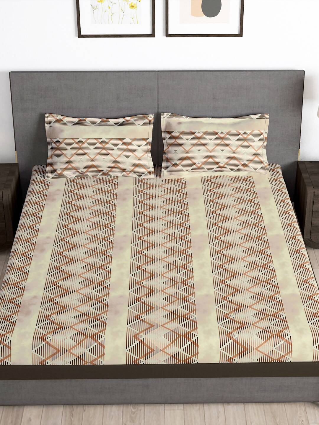 Story@home Brown & White Striped Microfiber 180 TC Bedsheet With Pillow Cover 