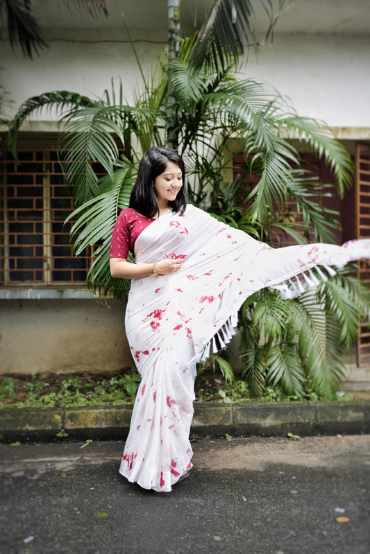 Red Poly Georgette Tie And Dye Saree with Unstitched Blouse - A2M