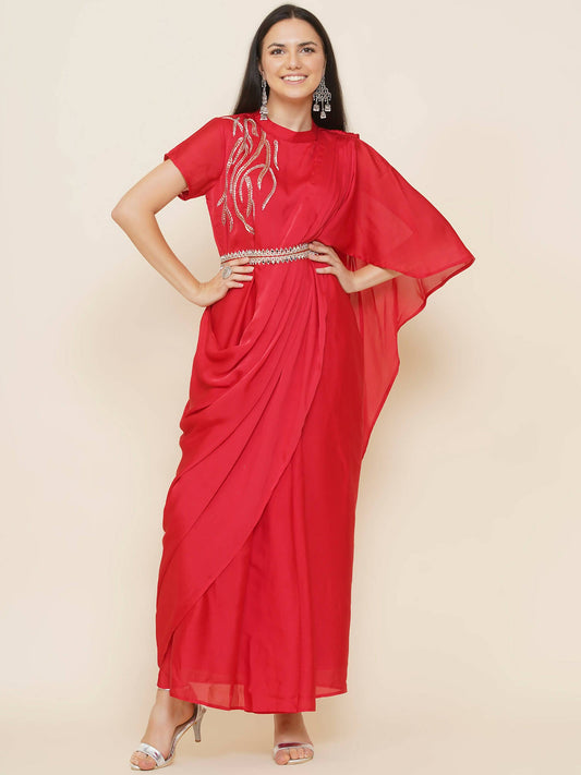 Women Republic Red Hand Embelleshed Gown With Drape - Grab2buy