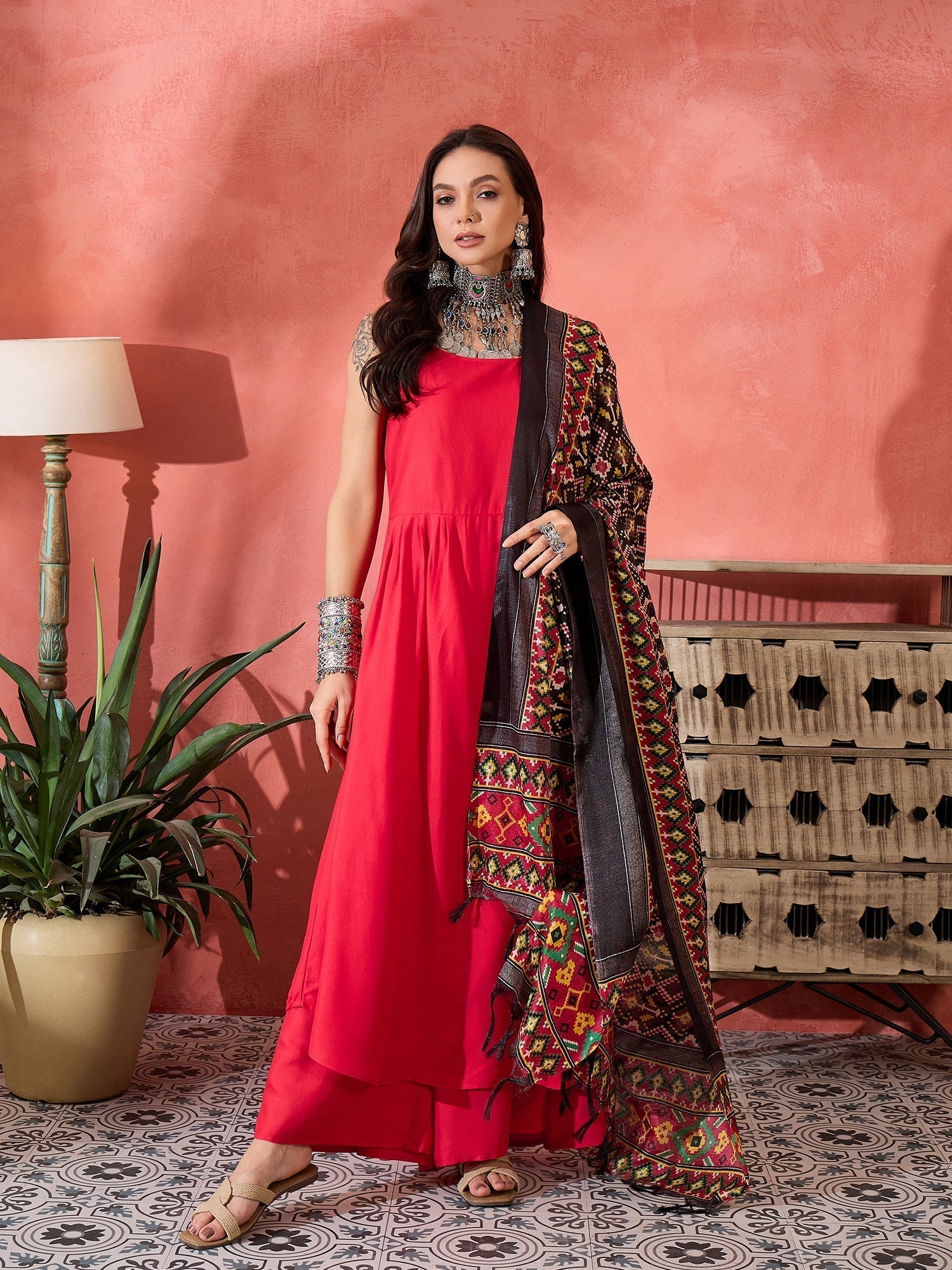 InWeave Red Strappy Kurta Set Black Patola Dupatta 