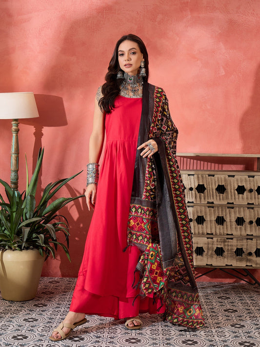 InWeave Red Strappy Kurta Set Black Patola Dupatta 