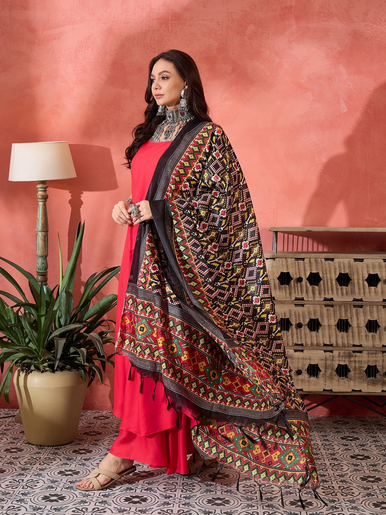 InWeave Red Strappy Kurta Set Black Patola Dupatta 