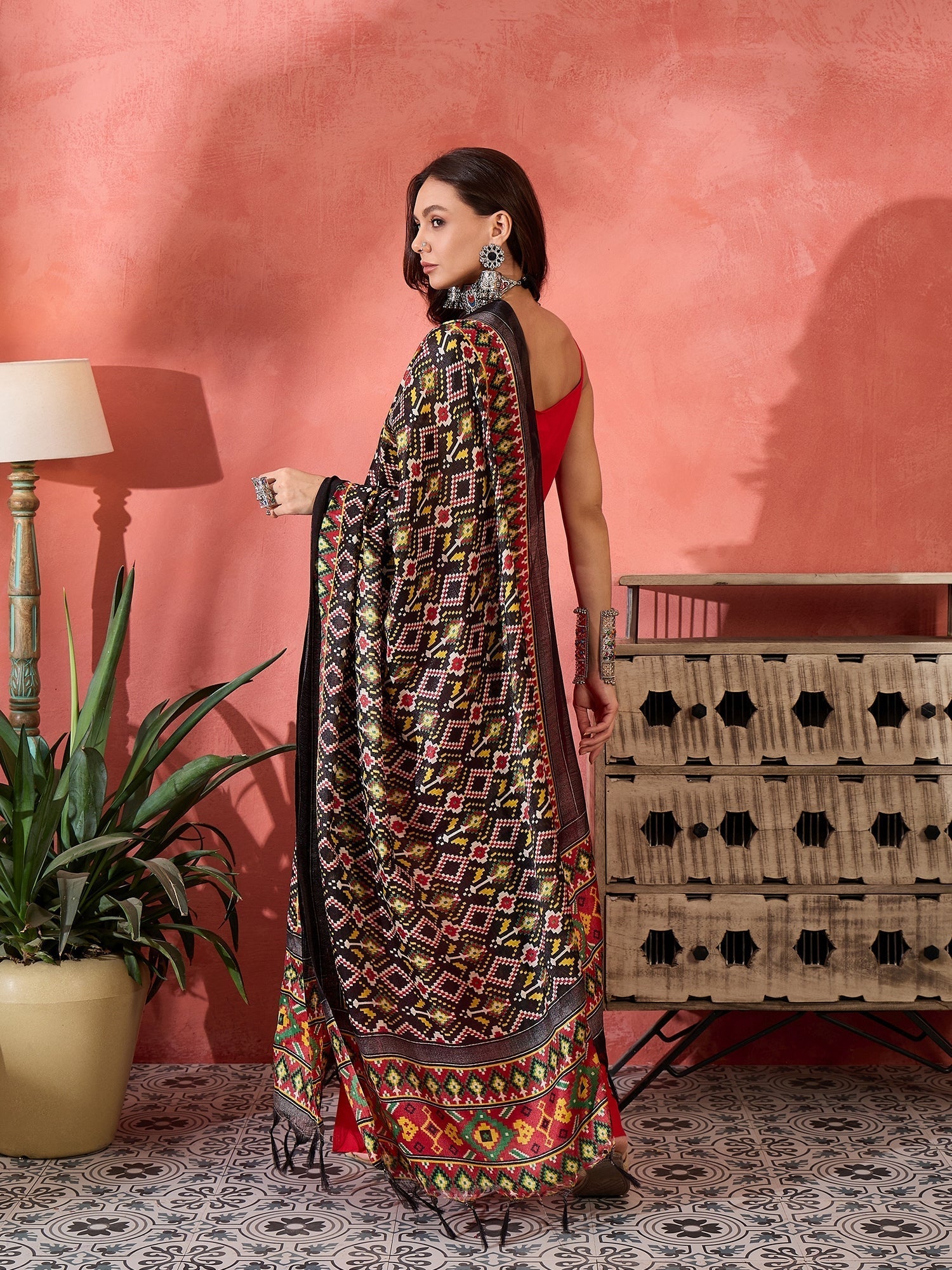 InWeave Red Strappy Kurta Set Black Patola Dupatta 