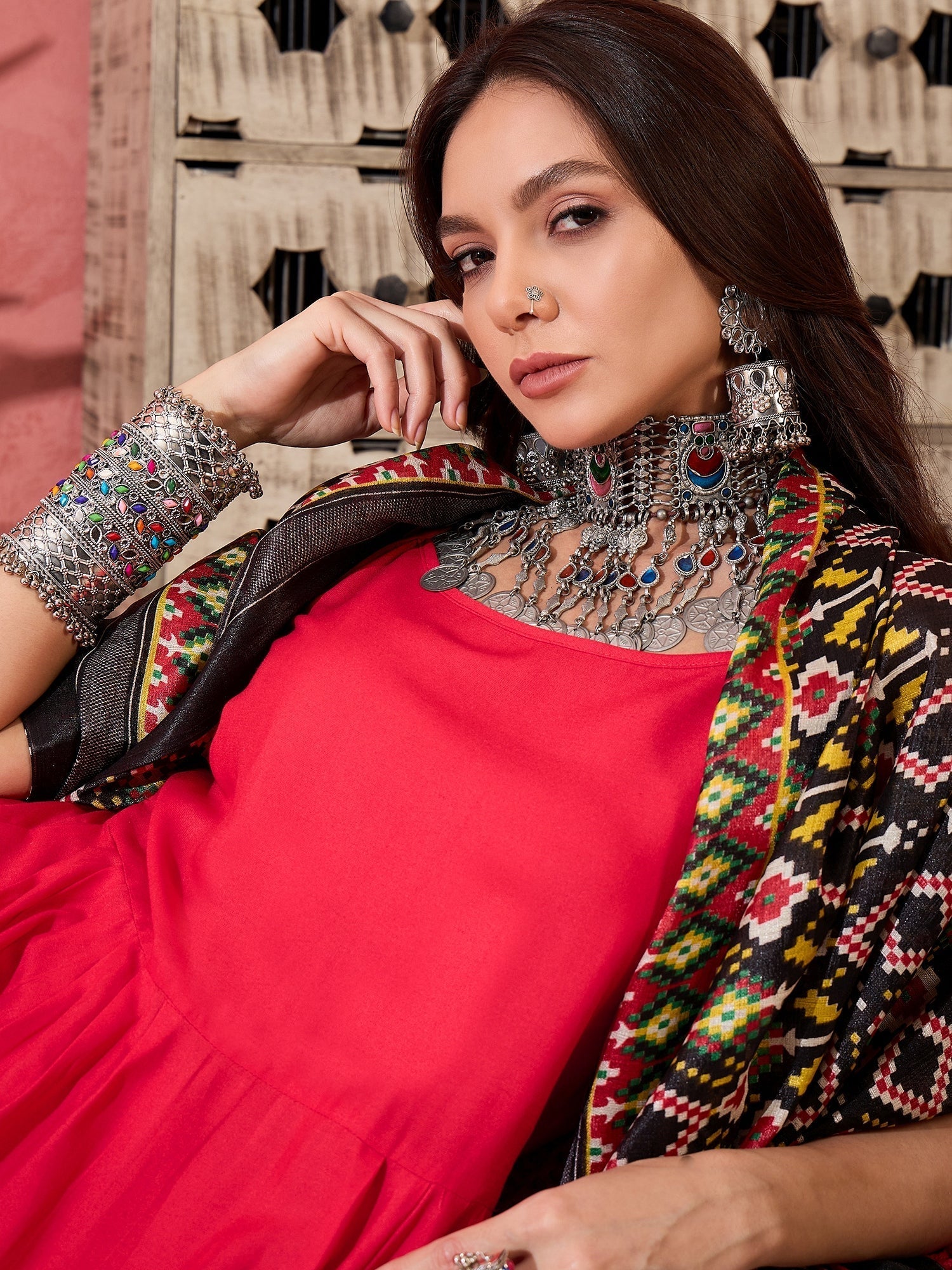 InWeave Red Strappy Kurta Set Black Patola Dupatta 