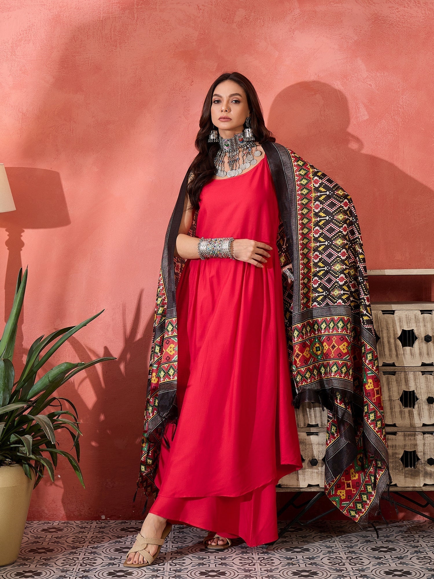 InWeave Red Strappy Kurta Set Black Patola Dupatta 
