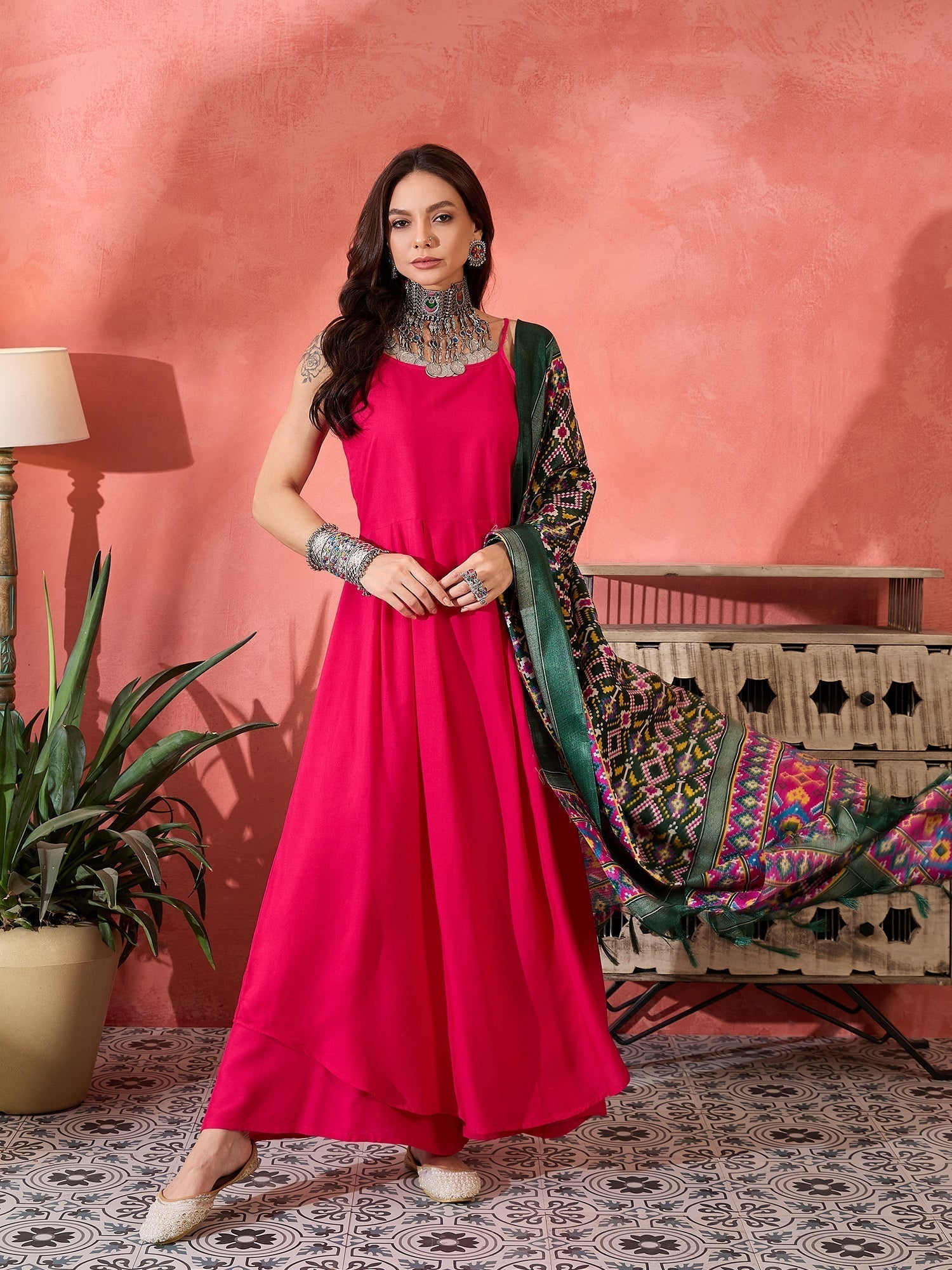 InWeave Fuchsia Strappy Kurta Set Green Patola Dupatta 