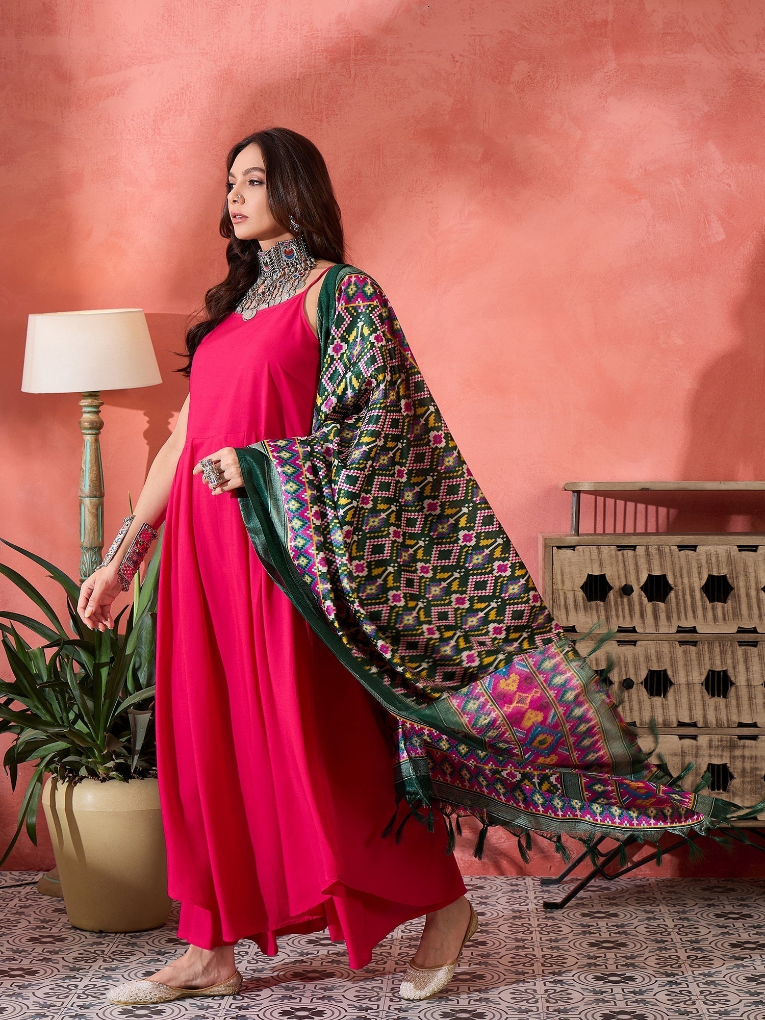 InWeave Fuchsia Strappy Kurta Set Green Patola Dupatta 