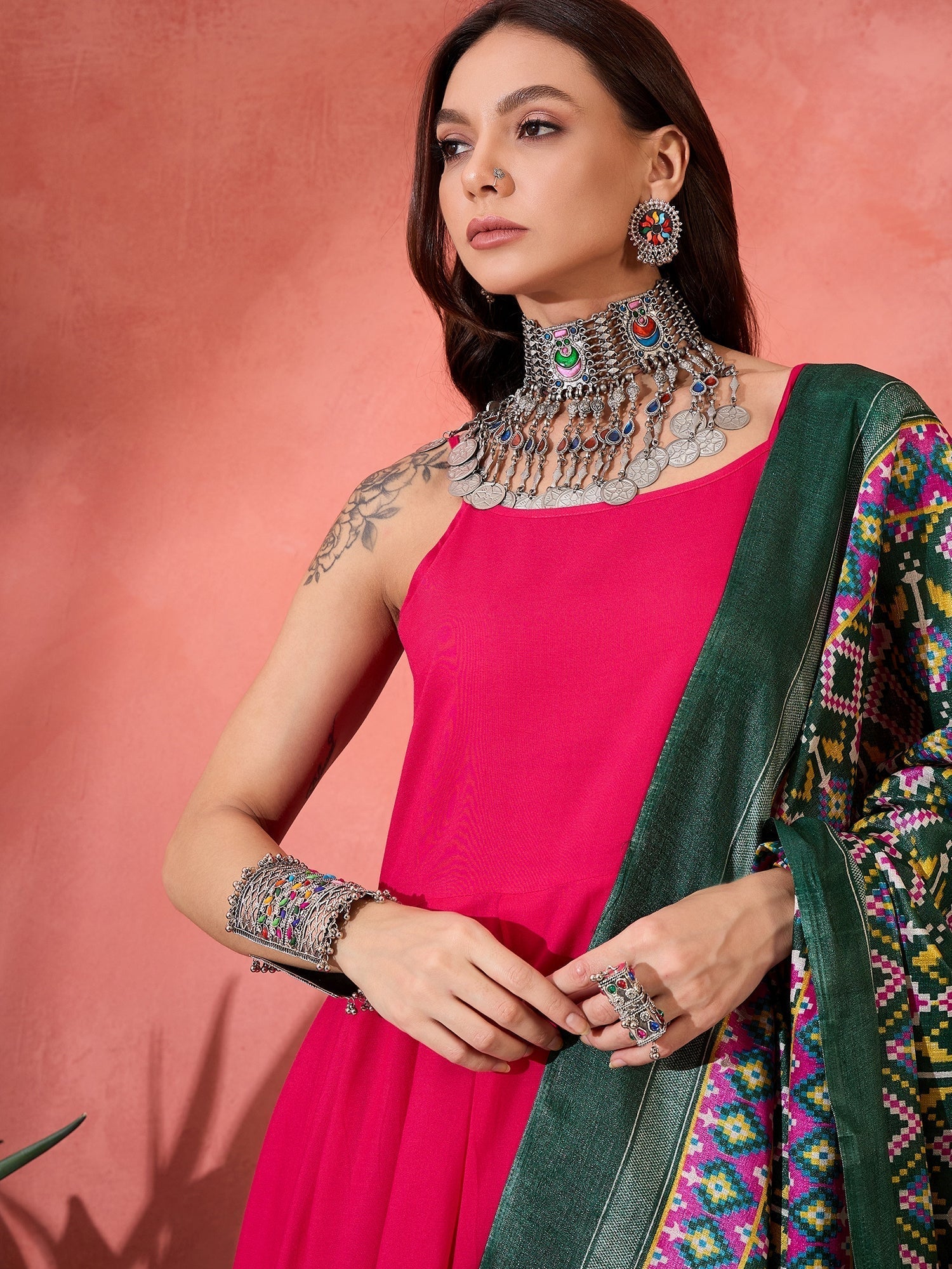 InWeave Fuchsia Strappy Kurta Set Green Patola Dupatta 