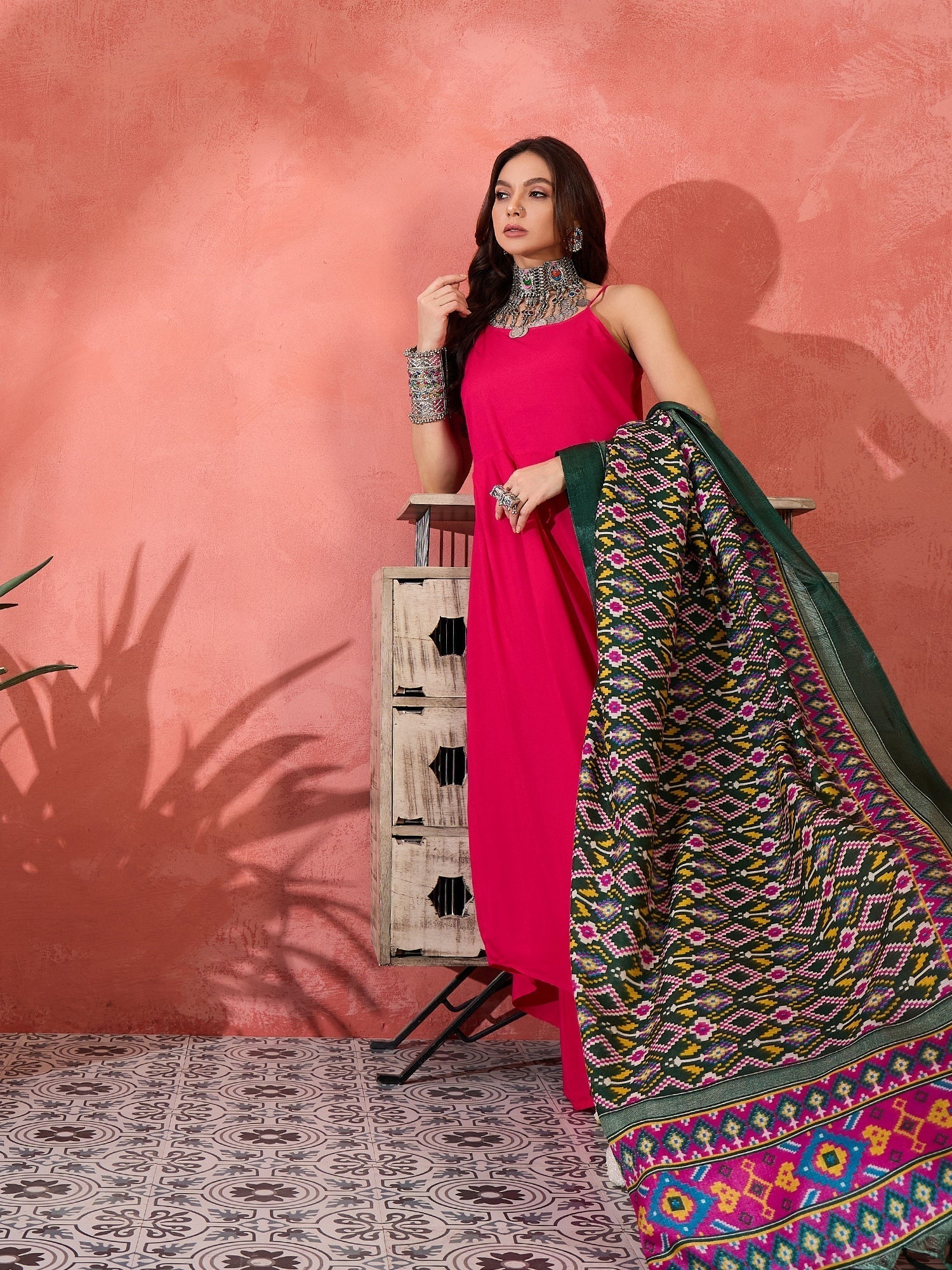 InWeave Fuchsia Strappy Kurta Set Green Patola Dupatta 