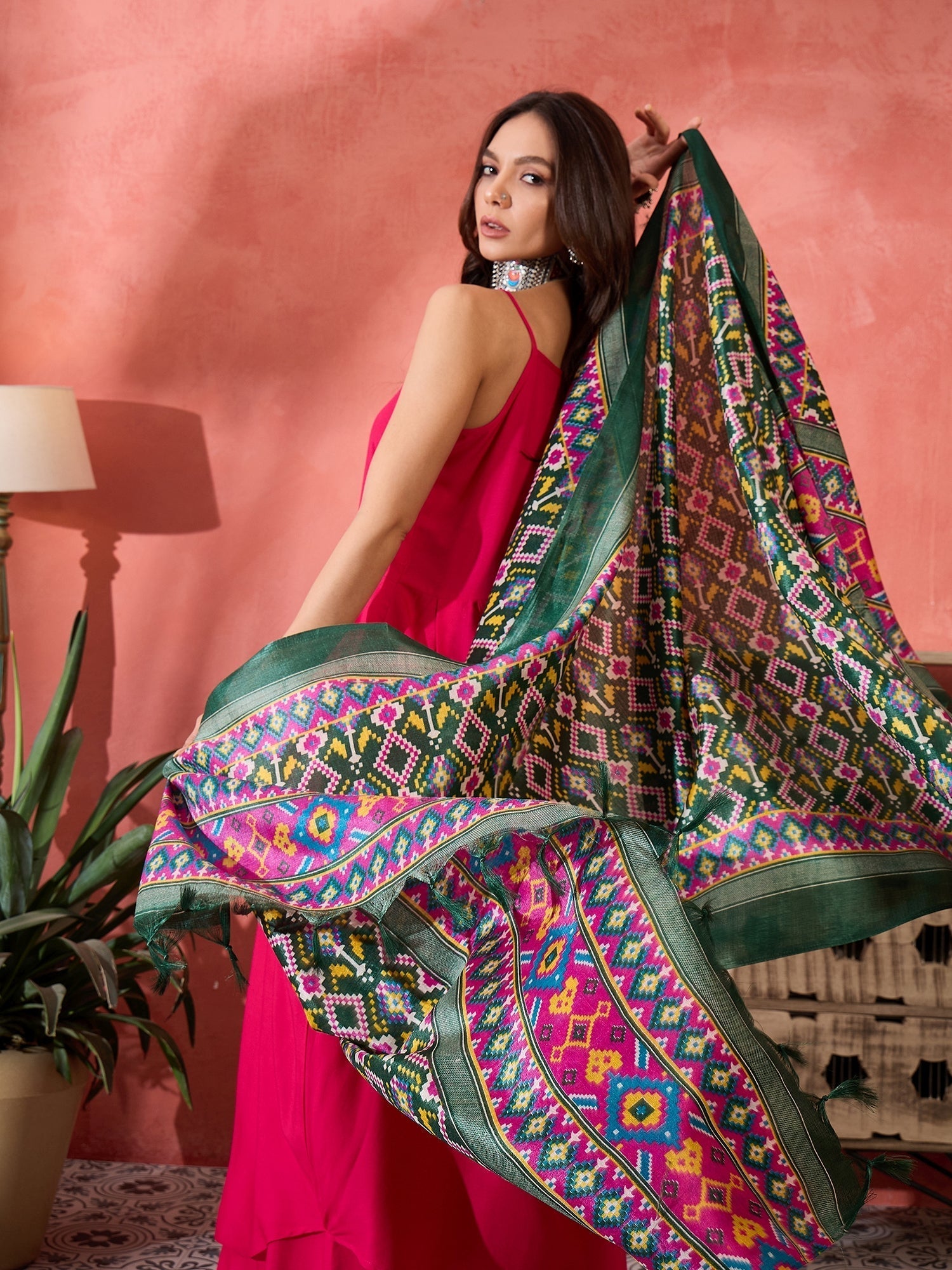 InWeave Fuchsia Strappy Kurta Set Green Patola Dupatta 