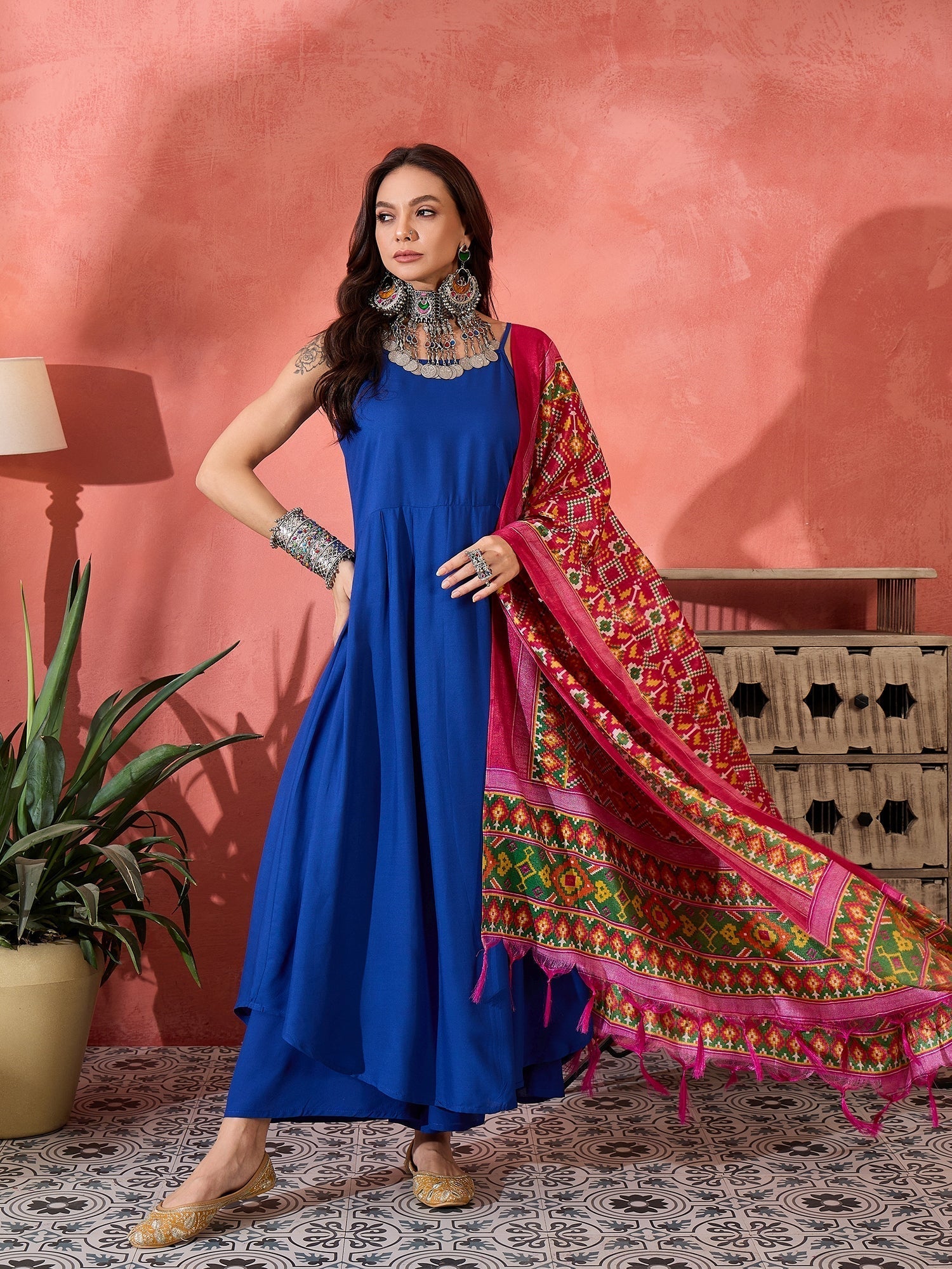 InWeave Ink Blue Strappy Kurta Set Pink Patola Dupatta 