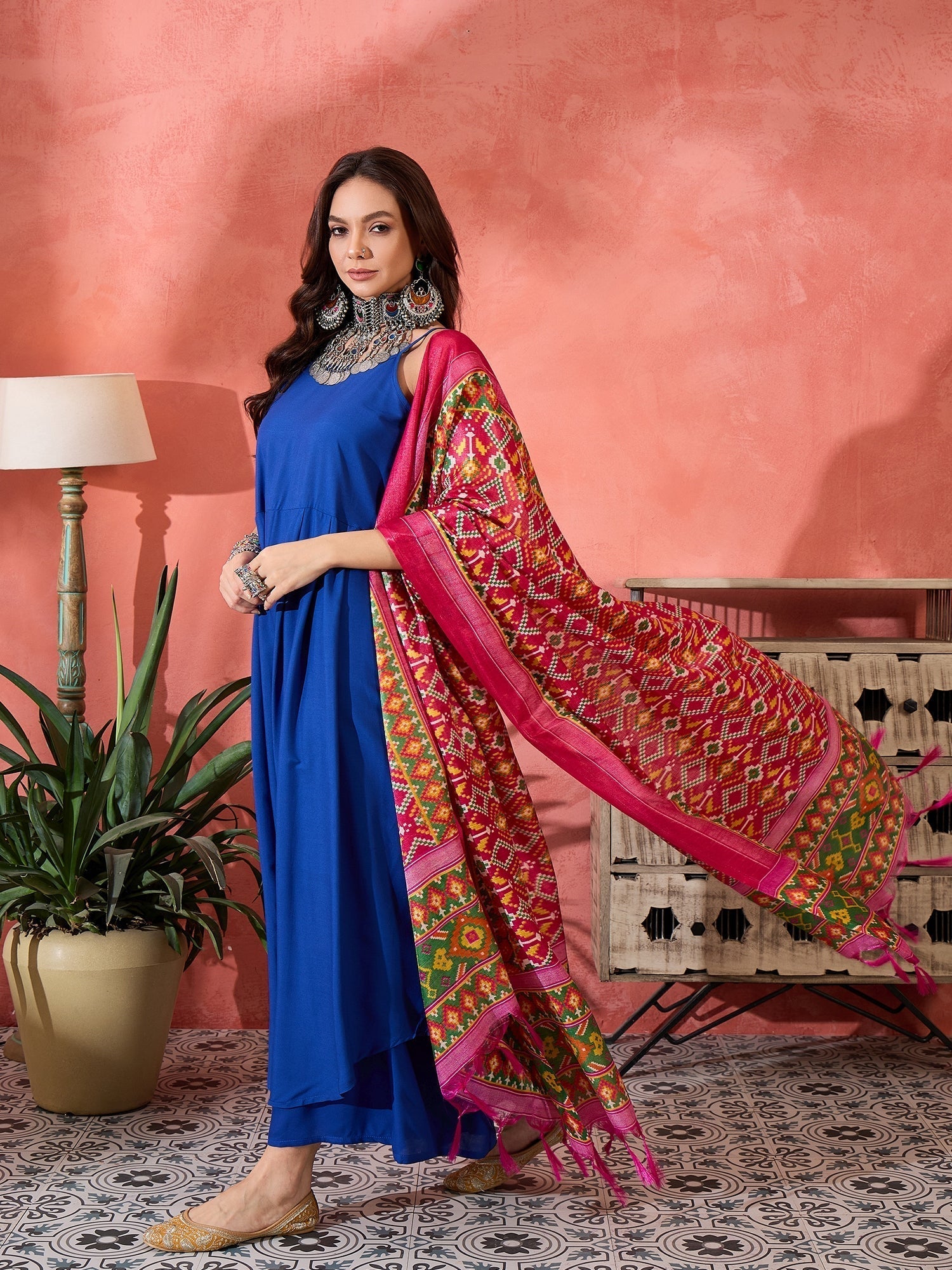InWeave Ink Blue Strappy Kurta Set Pink Patola Dupatta 