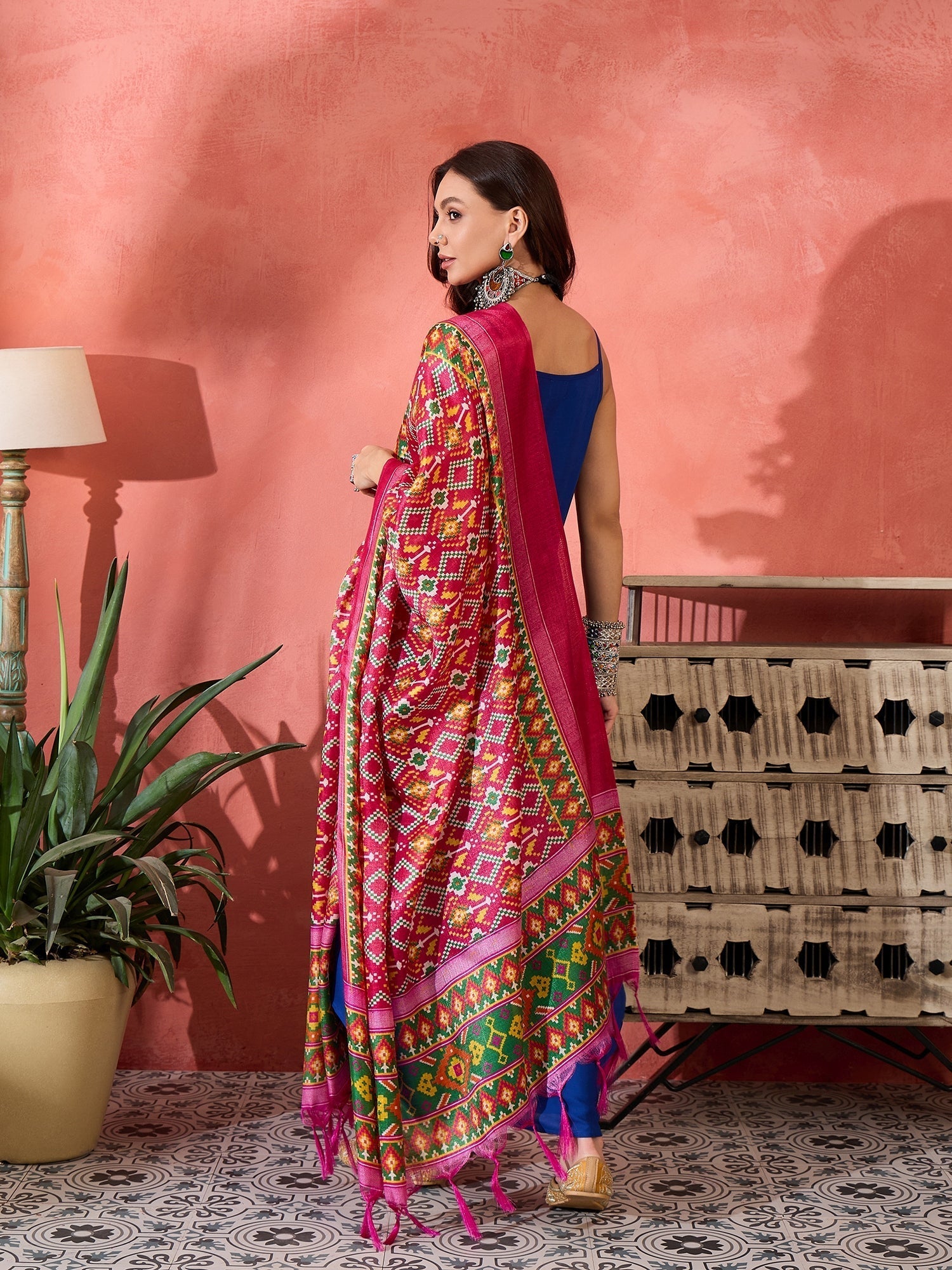 InWeave Ink Blue Strappy Kurta Set Pink Patola Dupatta 